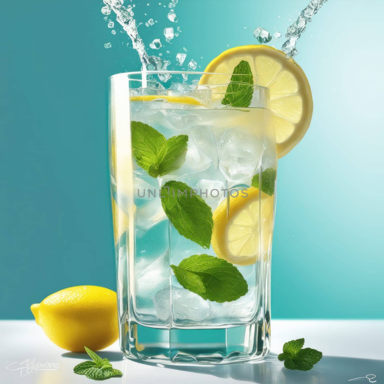 Homemade refreshing lemonade with lemon slice, mint leaves and ice cubes in a glass on a blue color background by shaadjutt36