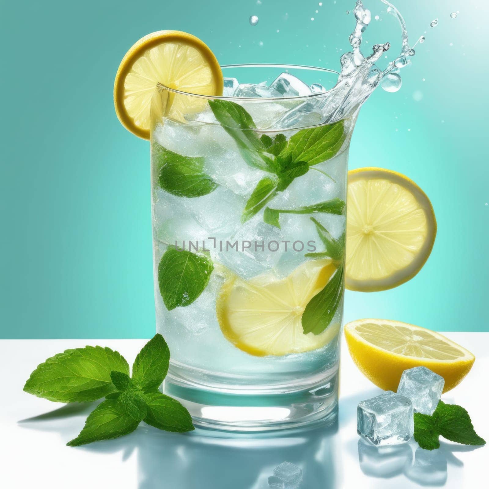 Homemade refreshing lemonade with lemon slice, mint leaves and ice cubes in a glass on a blue color background by shaadjutt36