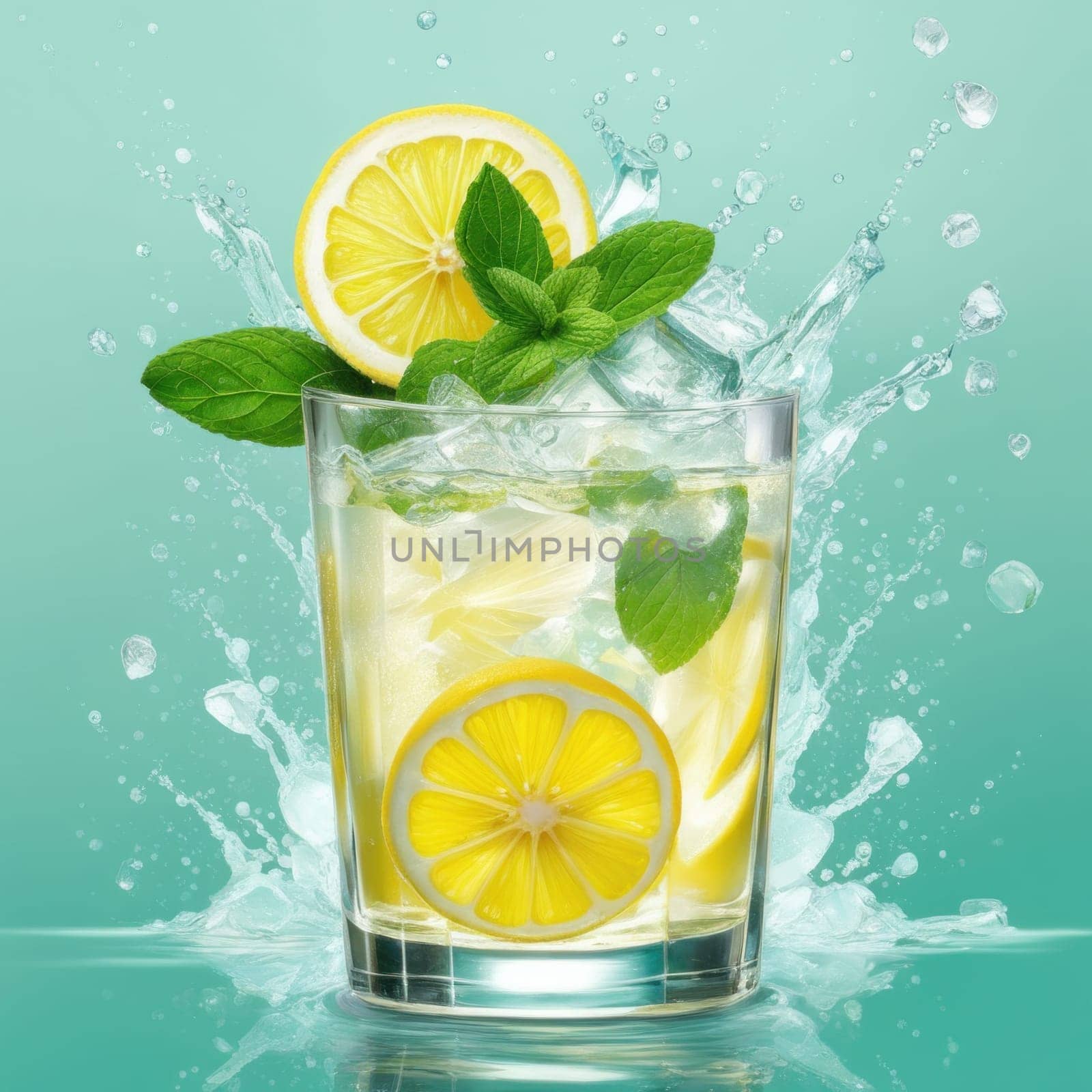 Homemade refreshing lemonade with lemon slice, mint leaves and ice cubes in a glass on a blue color background by shaadjutt36