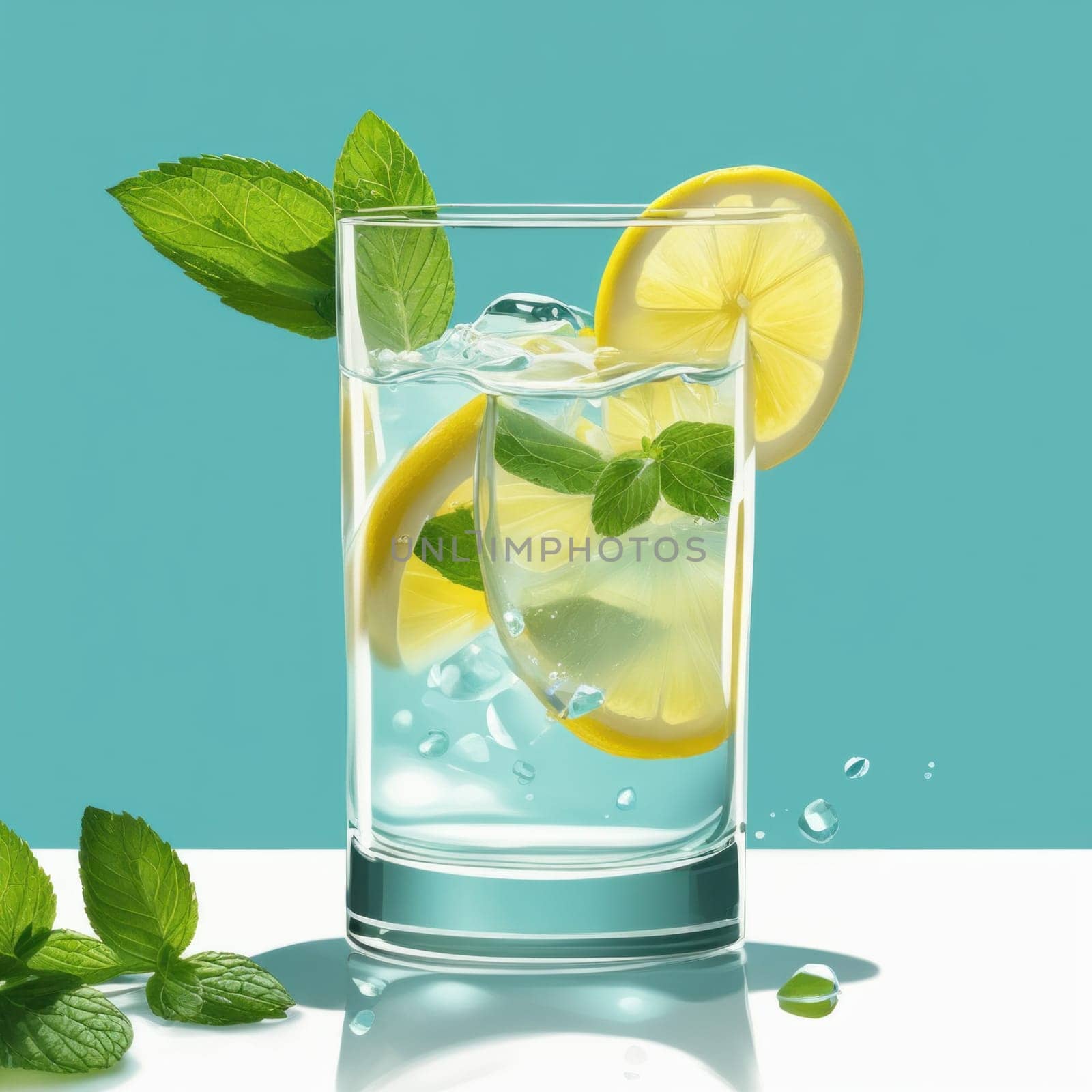 Homemade refreshing lemonade with lemon slice, mint leaves and ice cubes in a glass on a blue color background by shaadjutt36