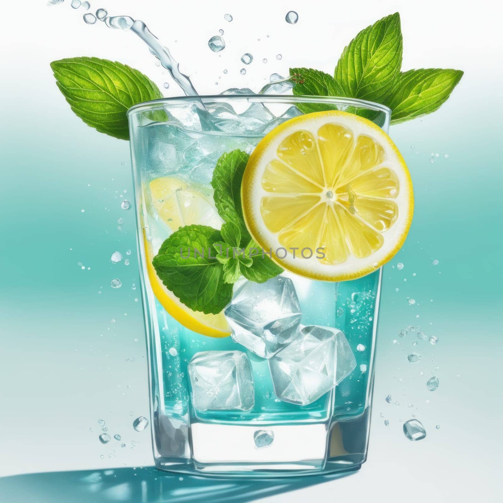 Homemade refreshing lemonade with lemon slice, mint leaves and ice cubes in a glass on a blue color background by shaadjutt36