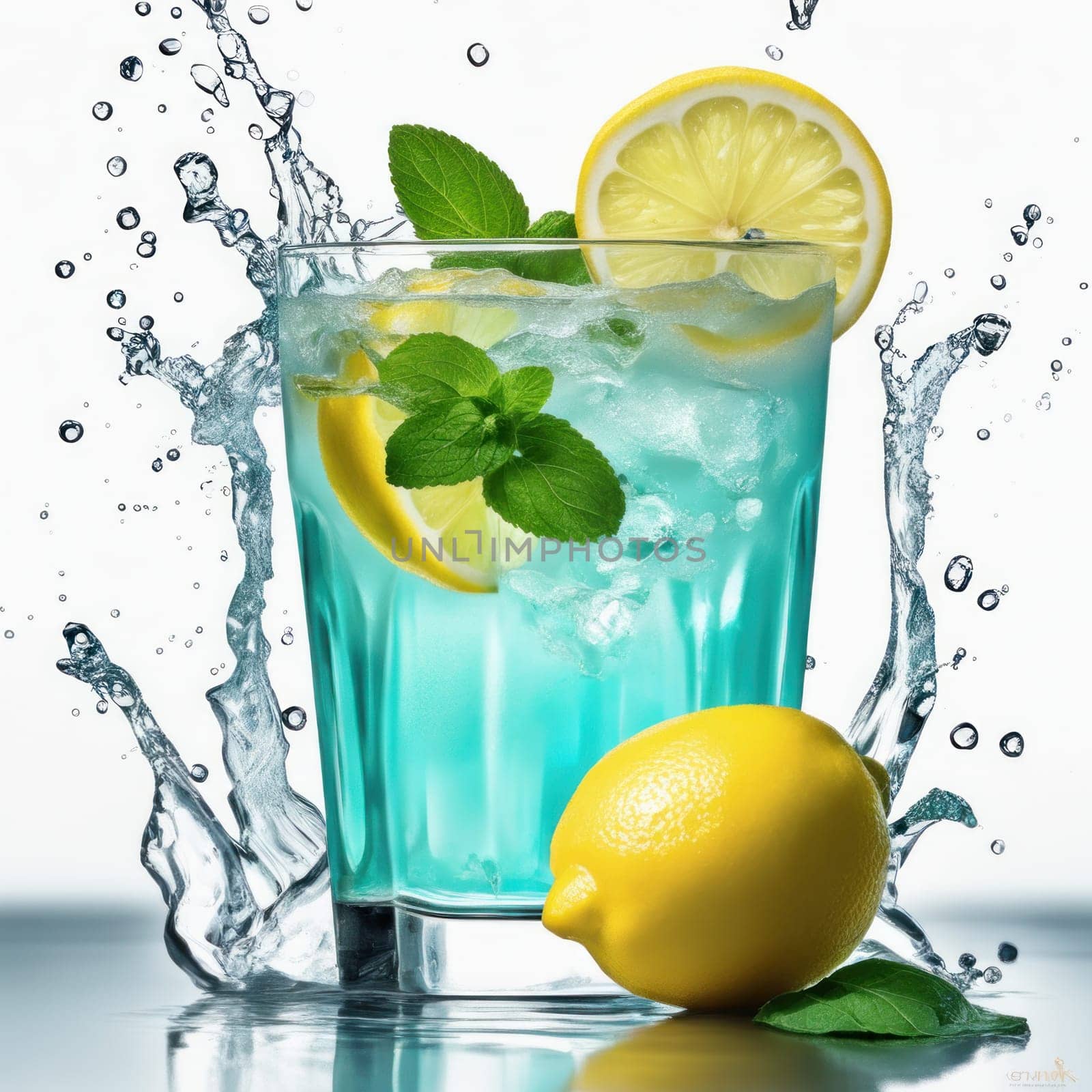 Homemade refreshing lemonade with lemon slice, mint leaves and ice cubes in a glass on a blue color background by shaadjutt36