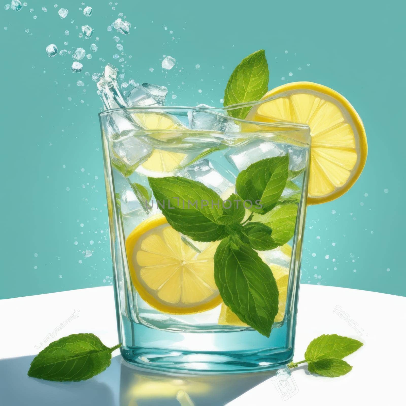 Homemade refreshing lemonade with lemon slice, mint leaves and ice cubes in a glass on a blue color background by shaadjutt36