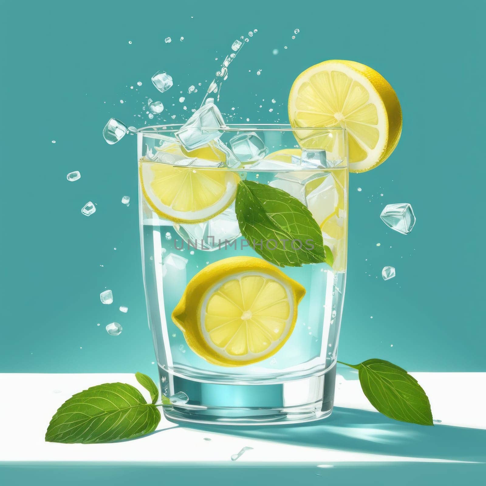 Homemade refreshing lemonade with lemon slice, mint leaves and ice cubes in a glass on a blue color background by shaadjutt36