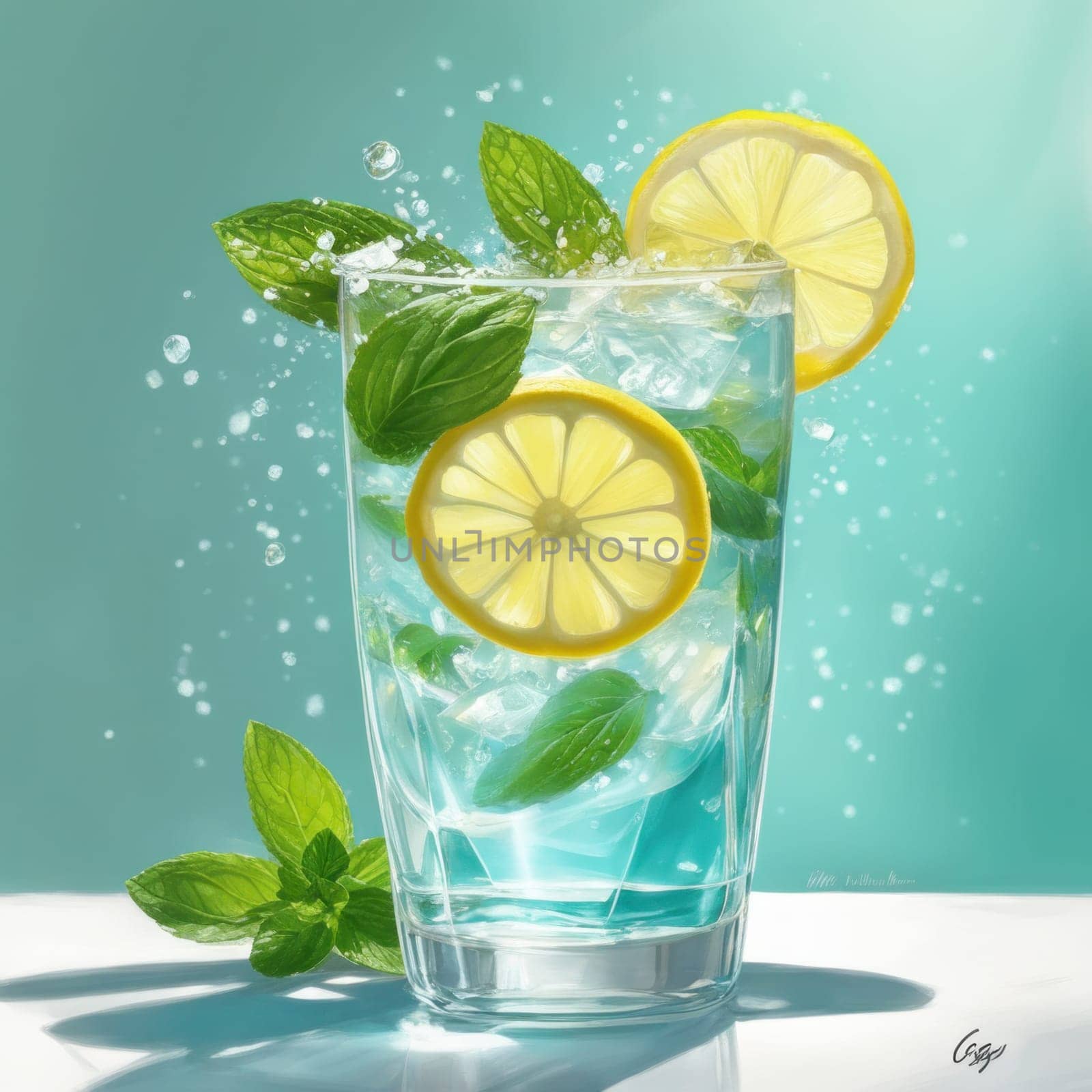 Homemade refreshing lemonade with lemon slice, mint leaves and ice cubes in a glass on a blue color background by shaadjutt36