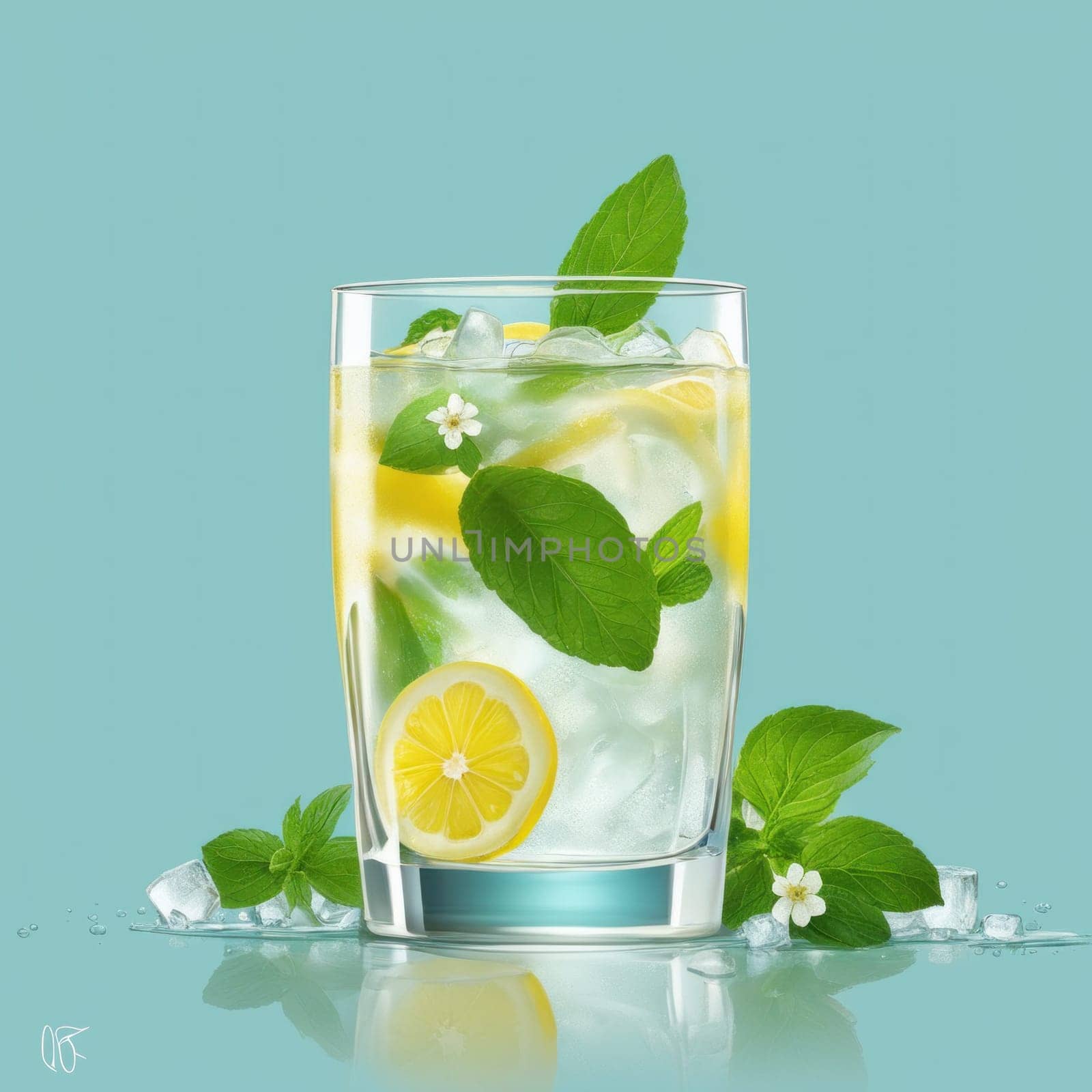 Homemade refreshing lemonade with lemon slice, mint leaves and ice cubes in a glass on a blue color background