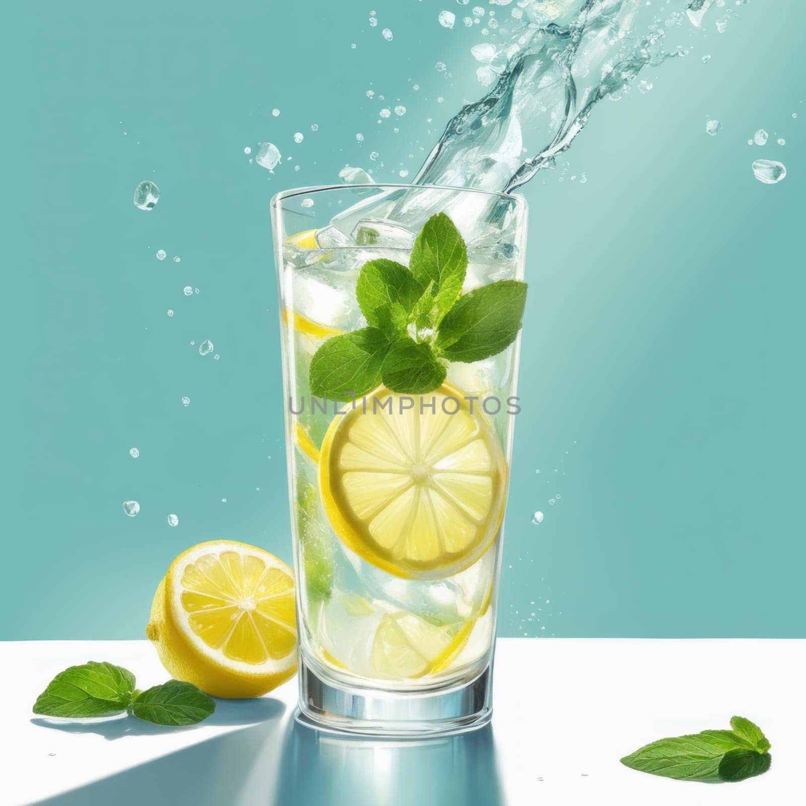 Homemade refreshing lemonade with lemon slice, mint leaves and ice cubes in a glass on a blue color background by shaadjutt36