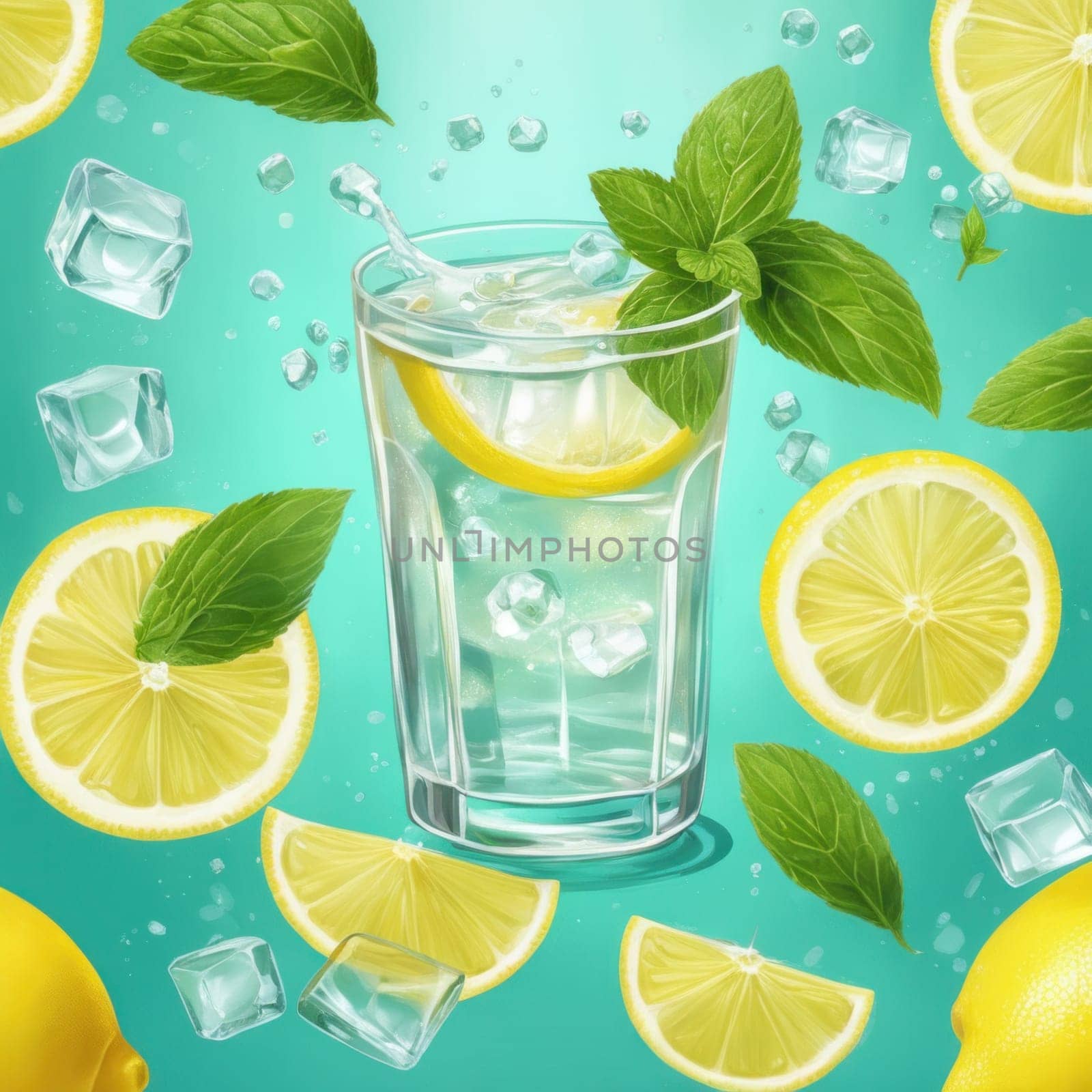 Homemade refreshing lemonade with lemon slice, mint leaves and ice cubes in a glass on a blue color background