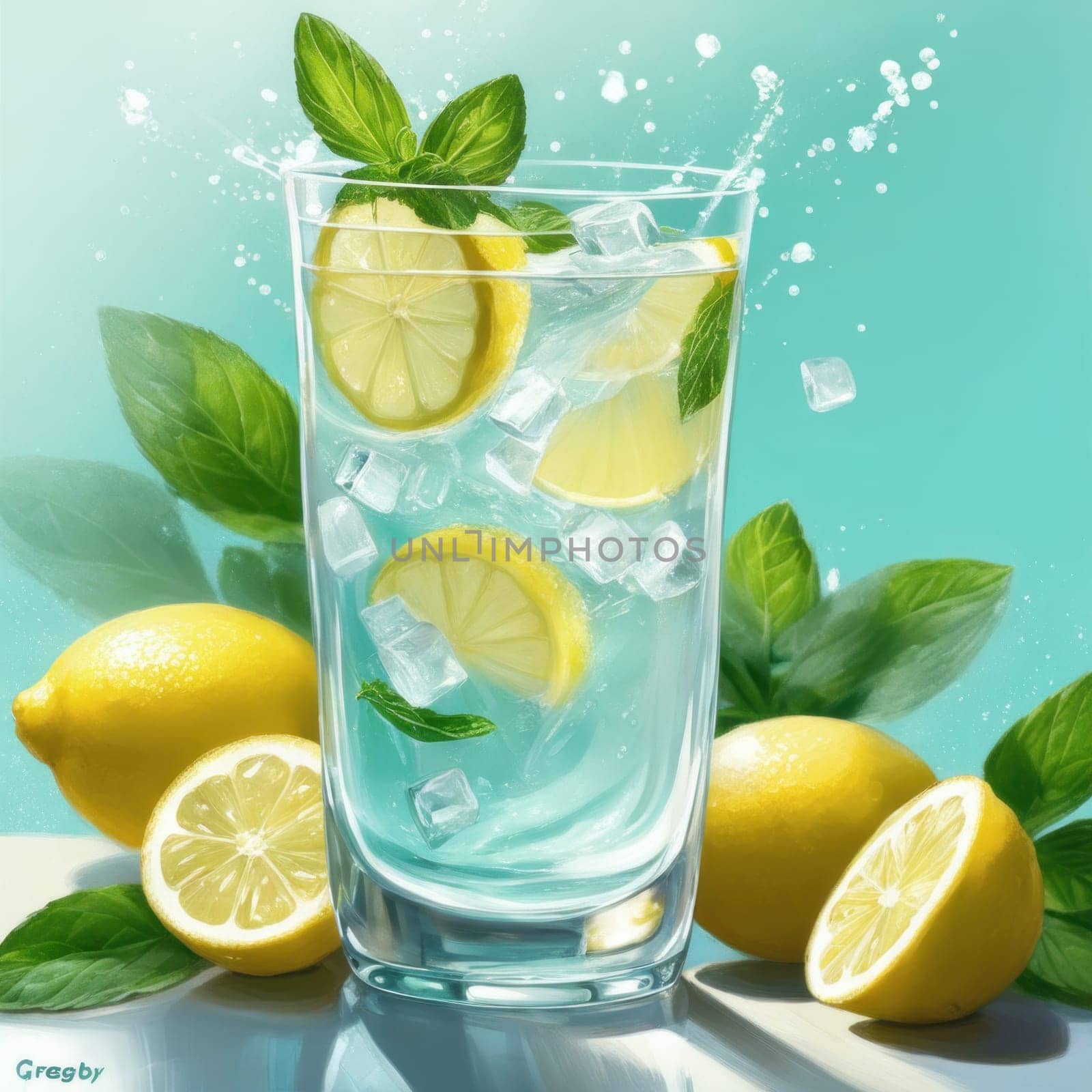 Homemade refreshing lemonade with lemon slice, mint leaves and ice cubes in a glass on a blue color background by shaadjutt36