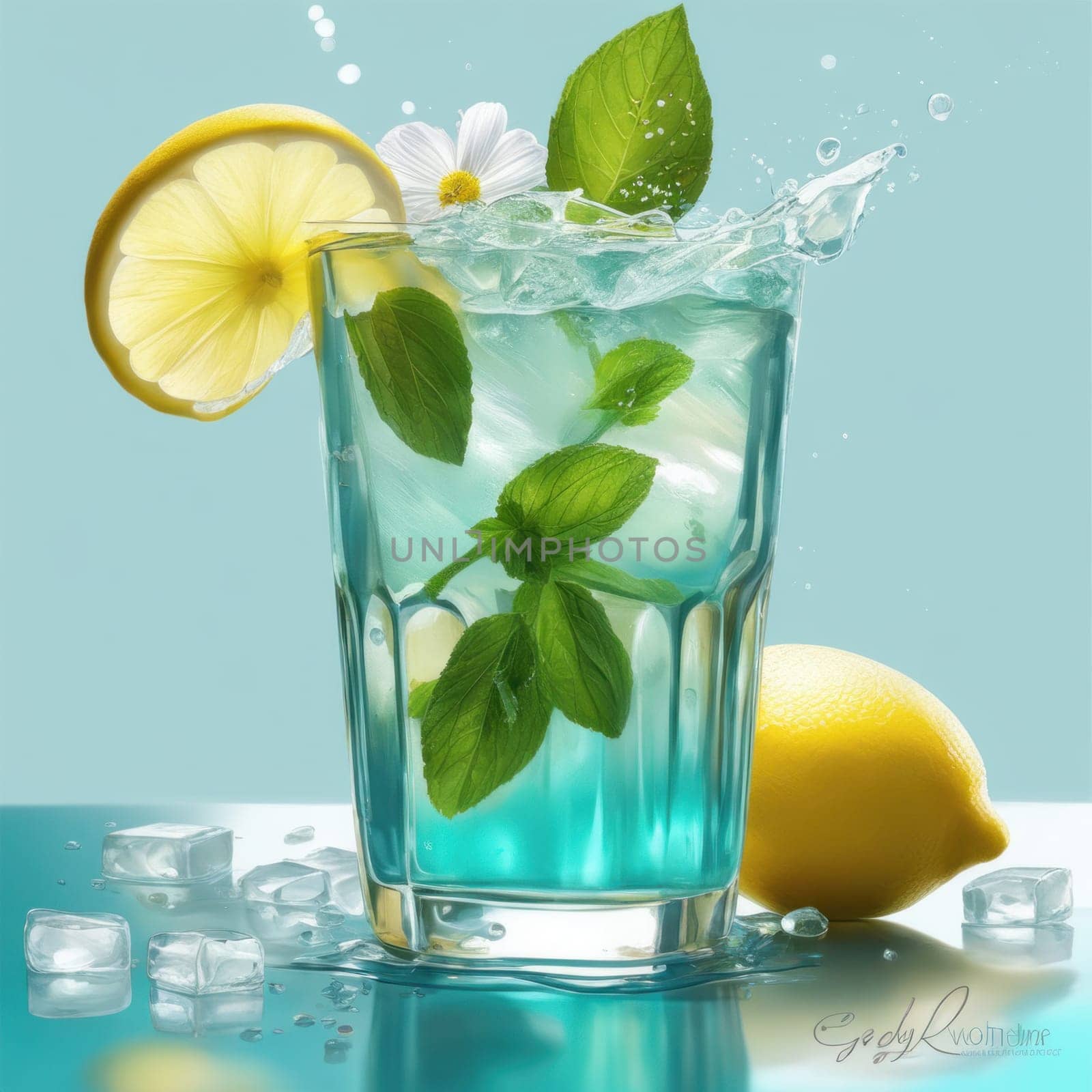 Homemade refreshing lemonade with lemon slice, mint leaves and ice cubes in a glass on a blue color background