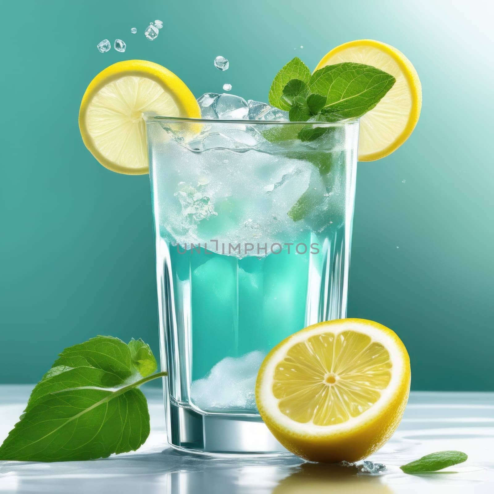 Homemade refreshing lemonade with lemon slice, mint leaves and ice cubes in a glass on a blue color background by shaadjutt36