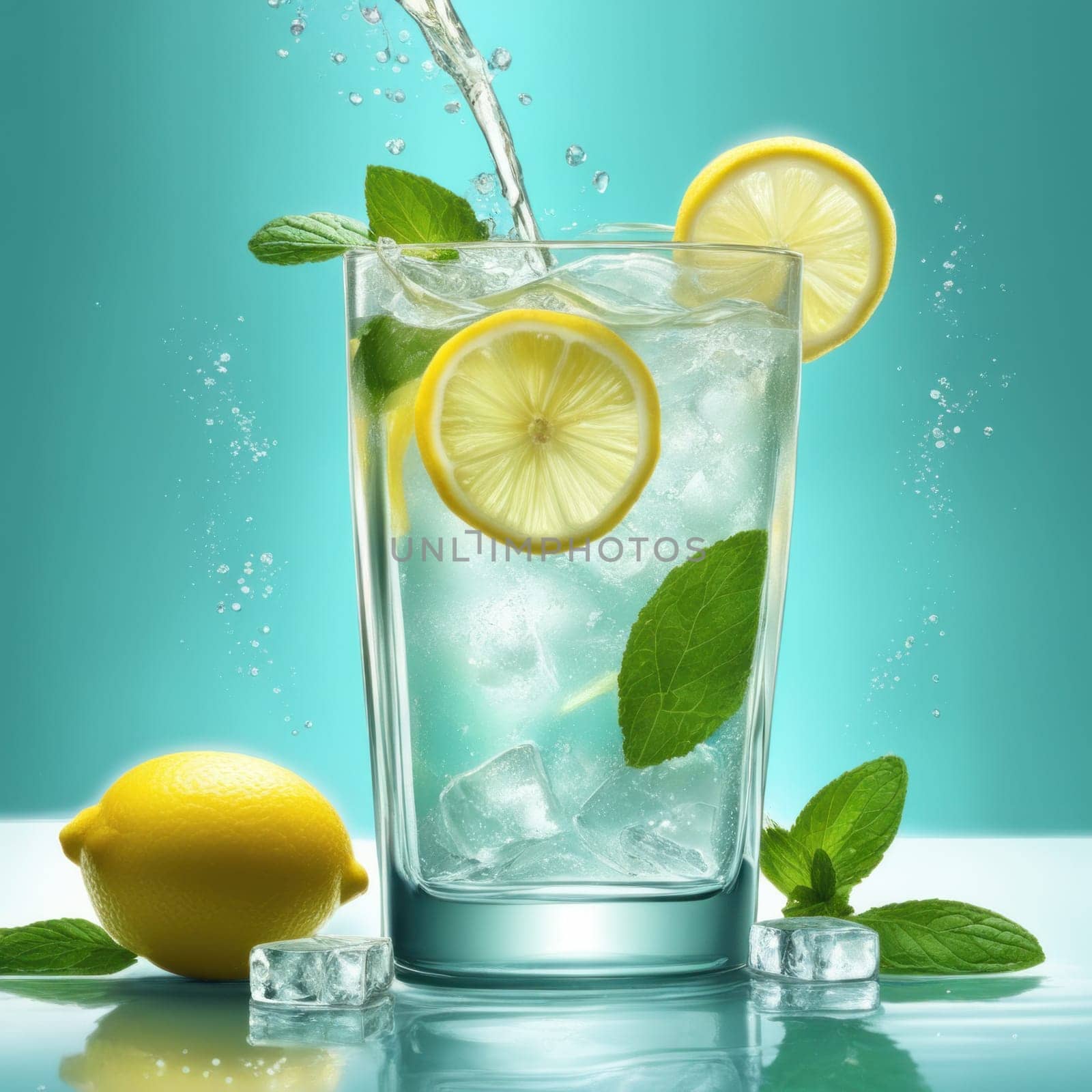 Homemade refreshing lemonade with lemon slice, mint leaves and ice cubes in a glass on a blue color background by shaadjutt36