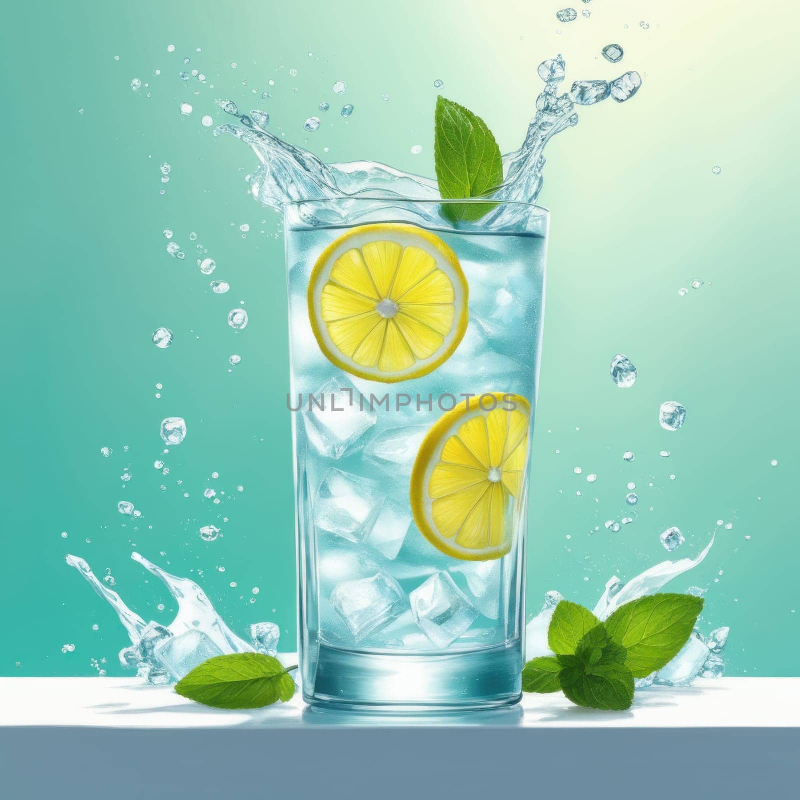 Homemade refreshing lemonade with lemon slice, mint leaves and ice cubes in a glass on a blue color background