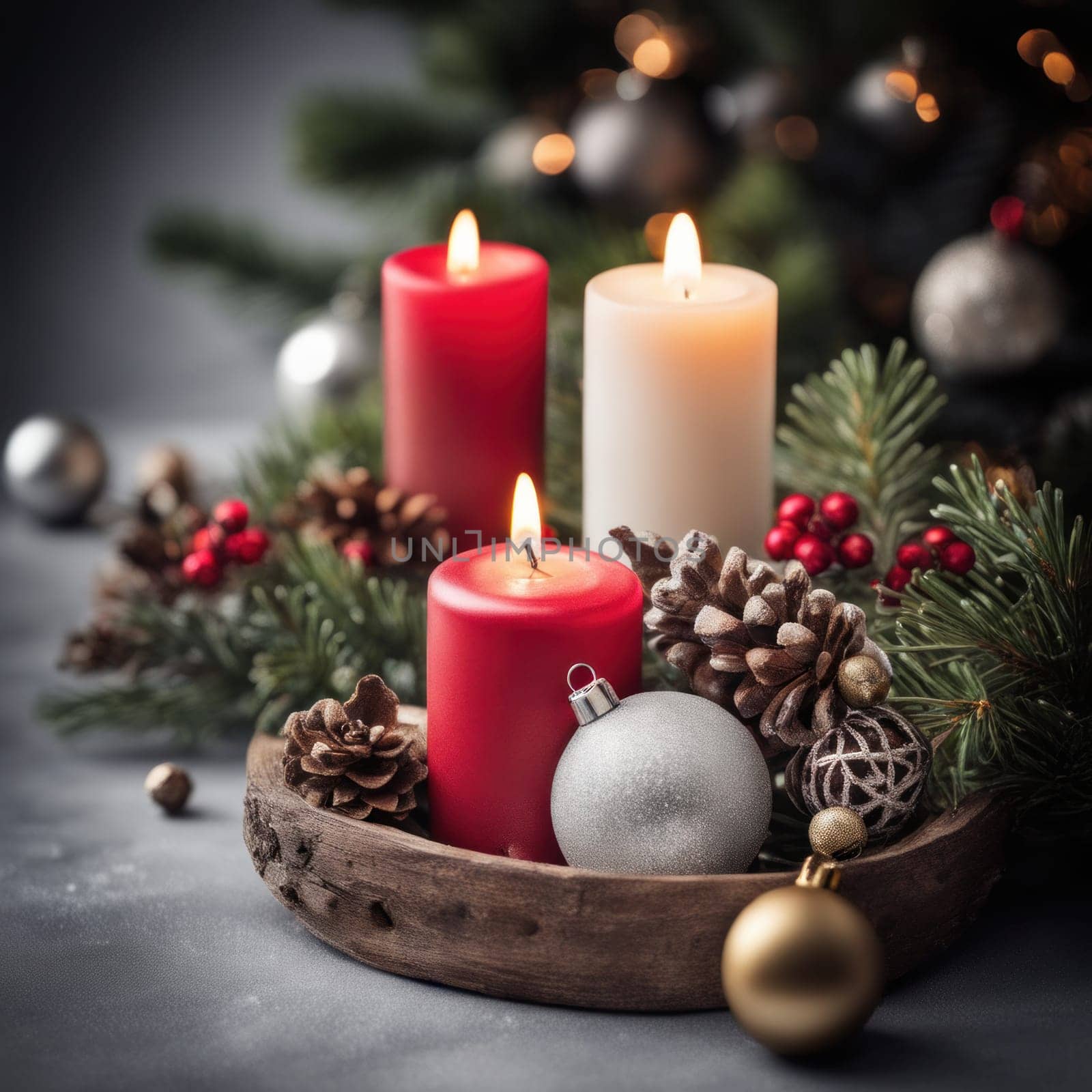 Home is decorated with Christmas ornaments, and gift boxes, as well as a light decoration with candles.