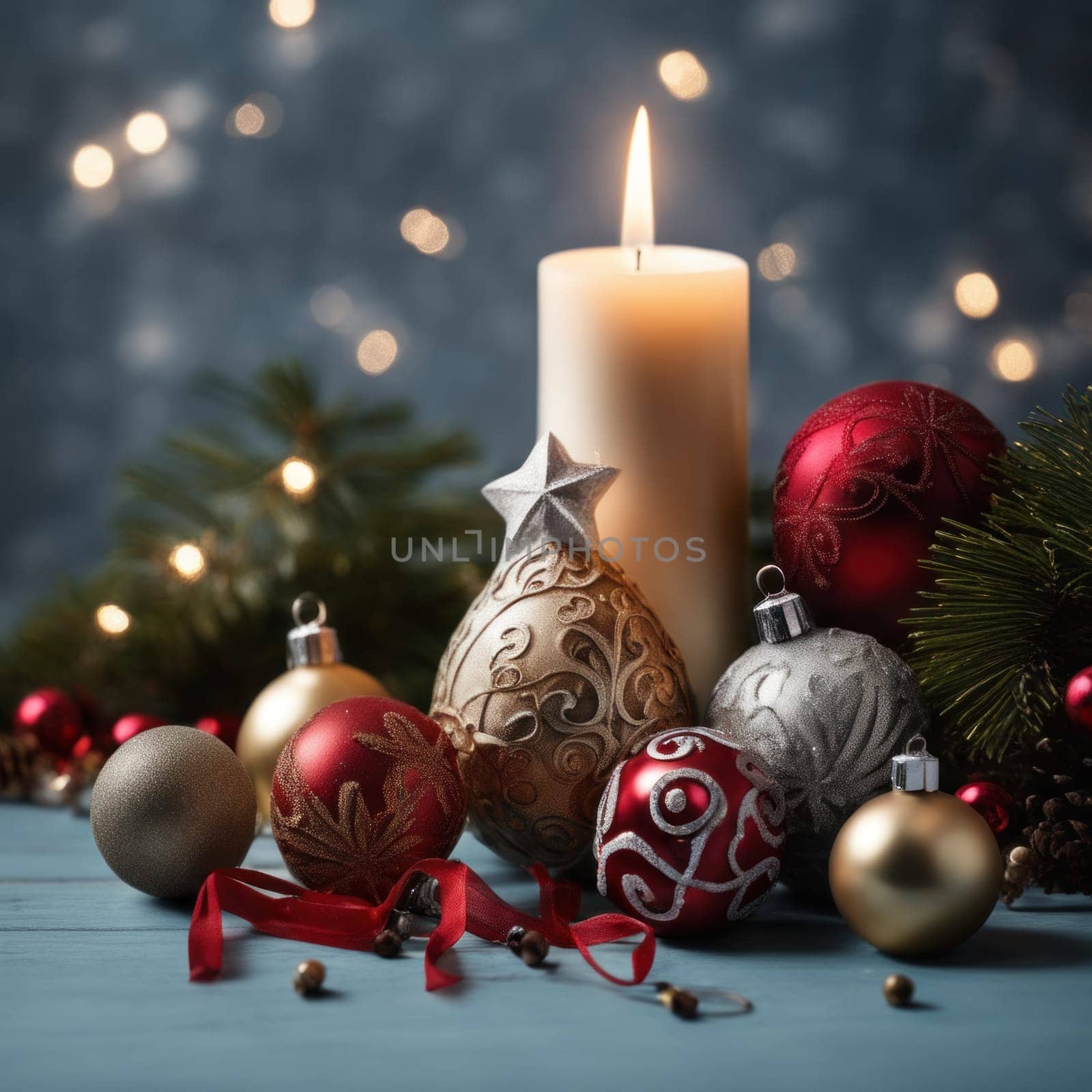 Home is decorated with Christmas ornaments, and gift boxes, as well as a light decoration with candles.