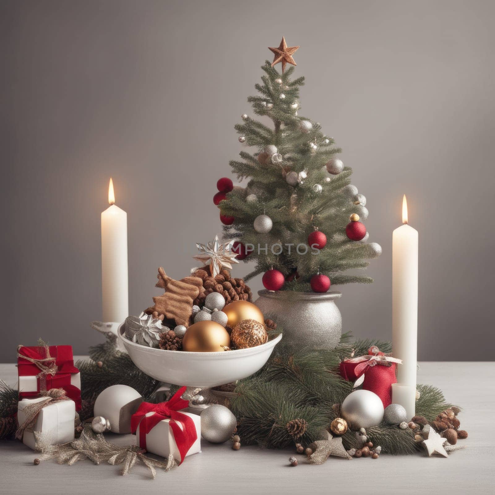 Home is decorated with Christmas ornaments, and gift boxes, as well as a light decoration with candles.