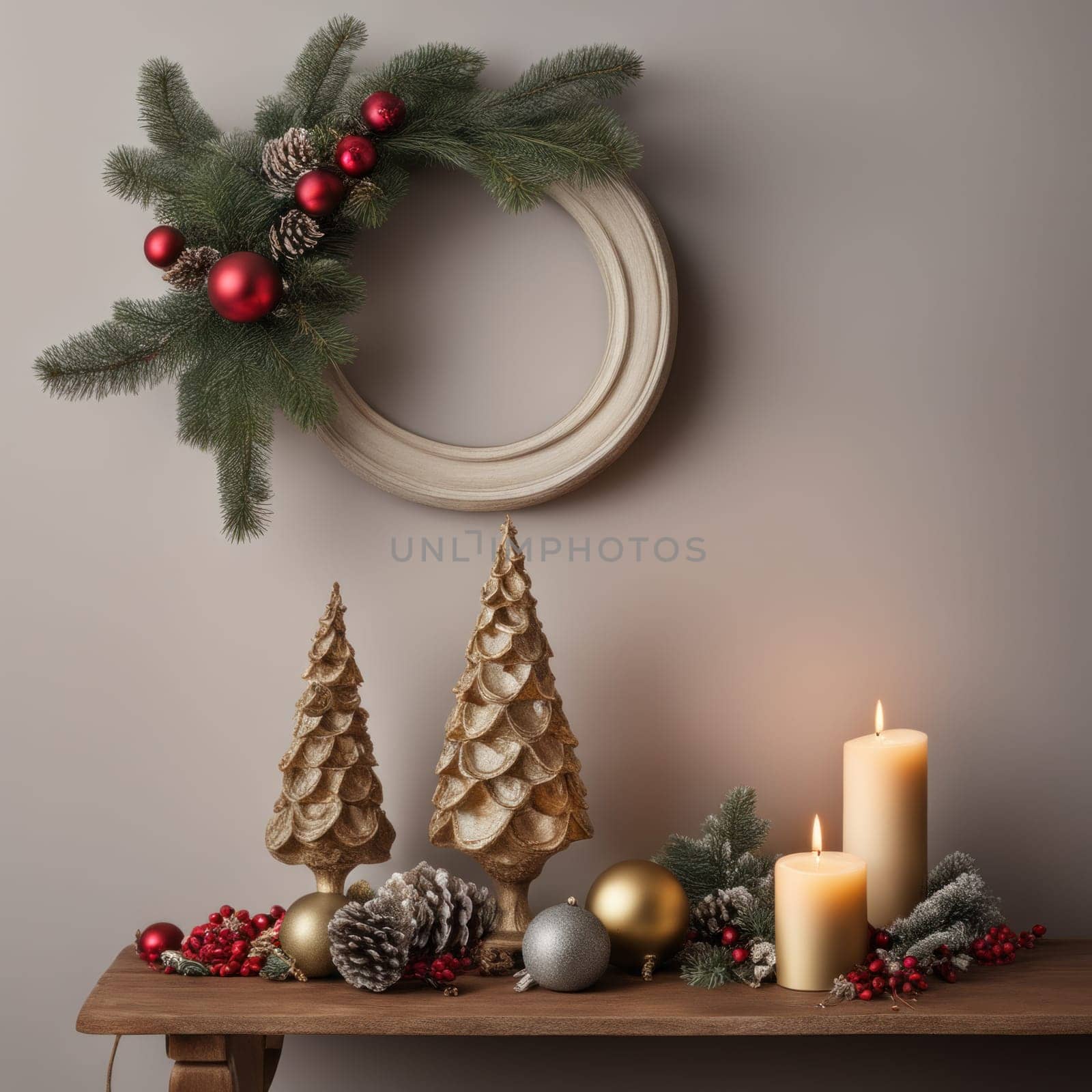 Home is decorated with Christmas ornaments, and gift boxes, as well as a light decoration with candles.