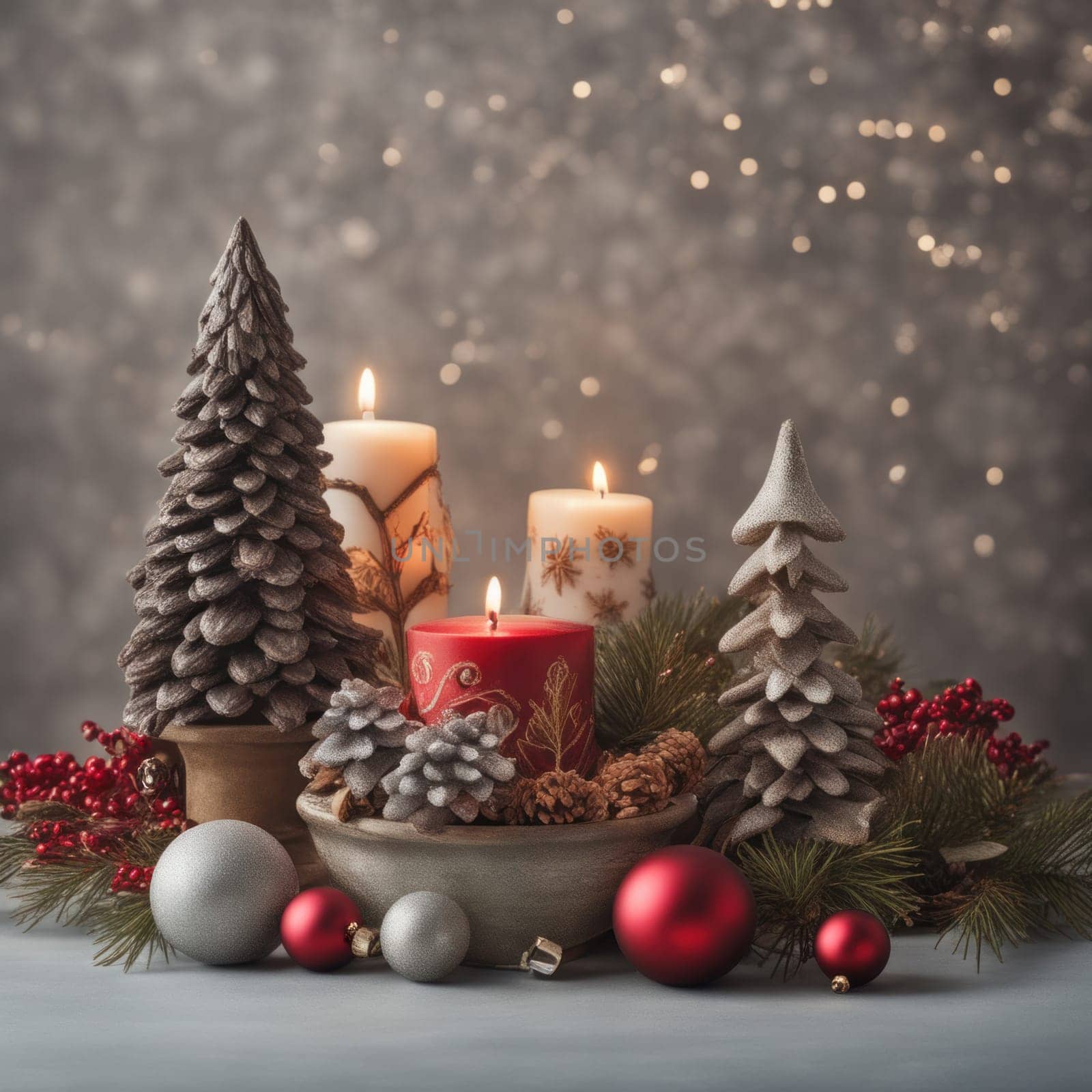 Home is decorated with Christmas ornaments, and gift boxes, as well as a light decoration with candles.