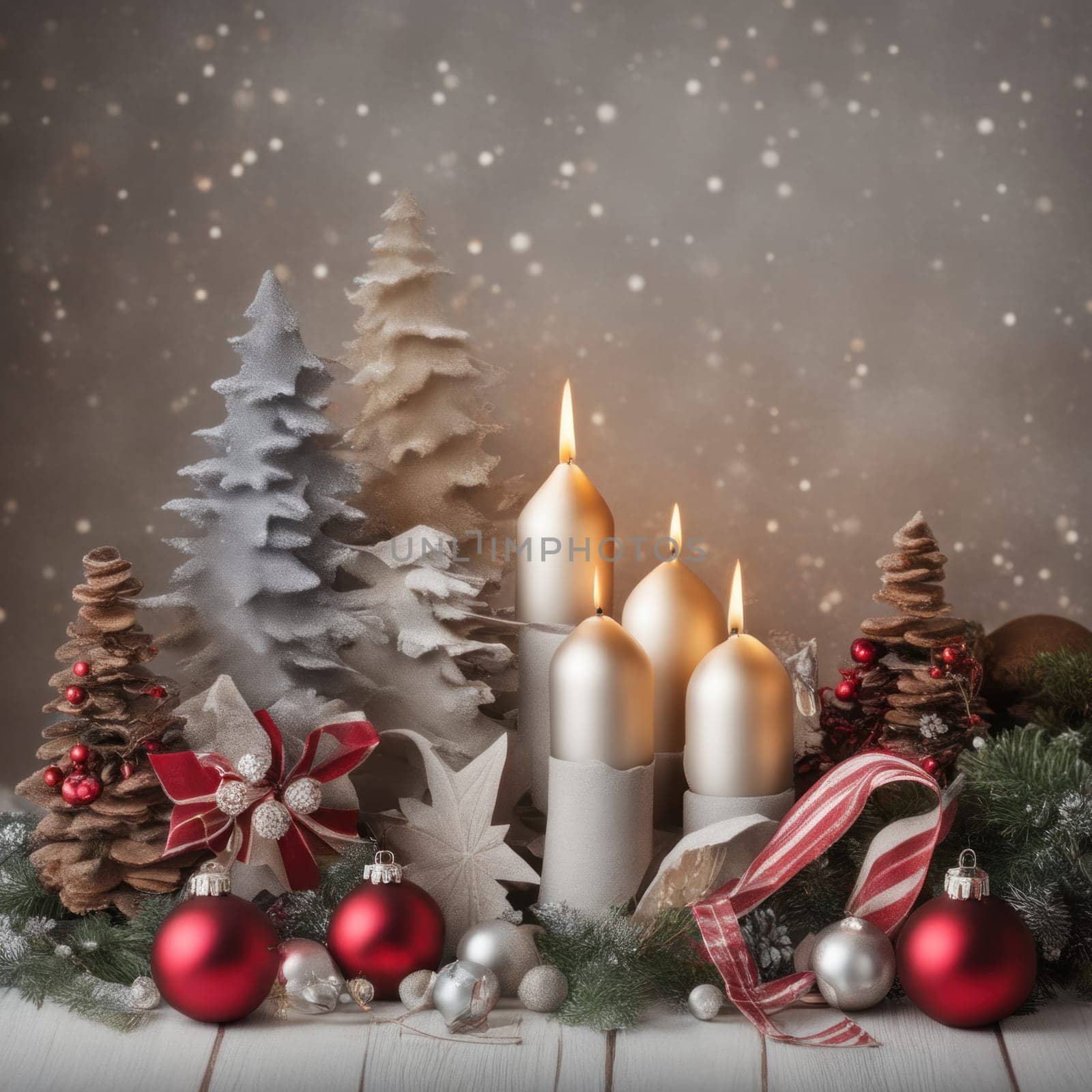 Home is decorated with Christmas ornaments, and gift boxes, as well as a light decoration with candles.