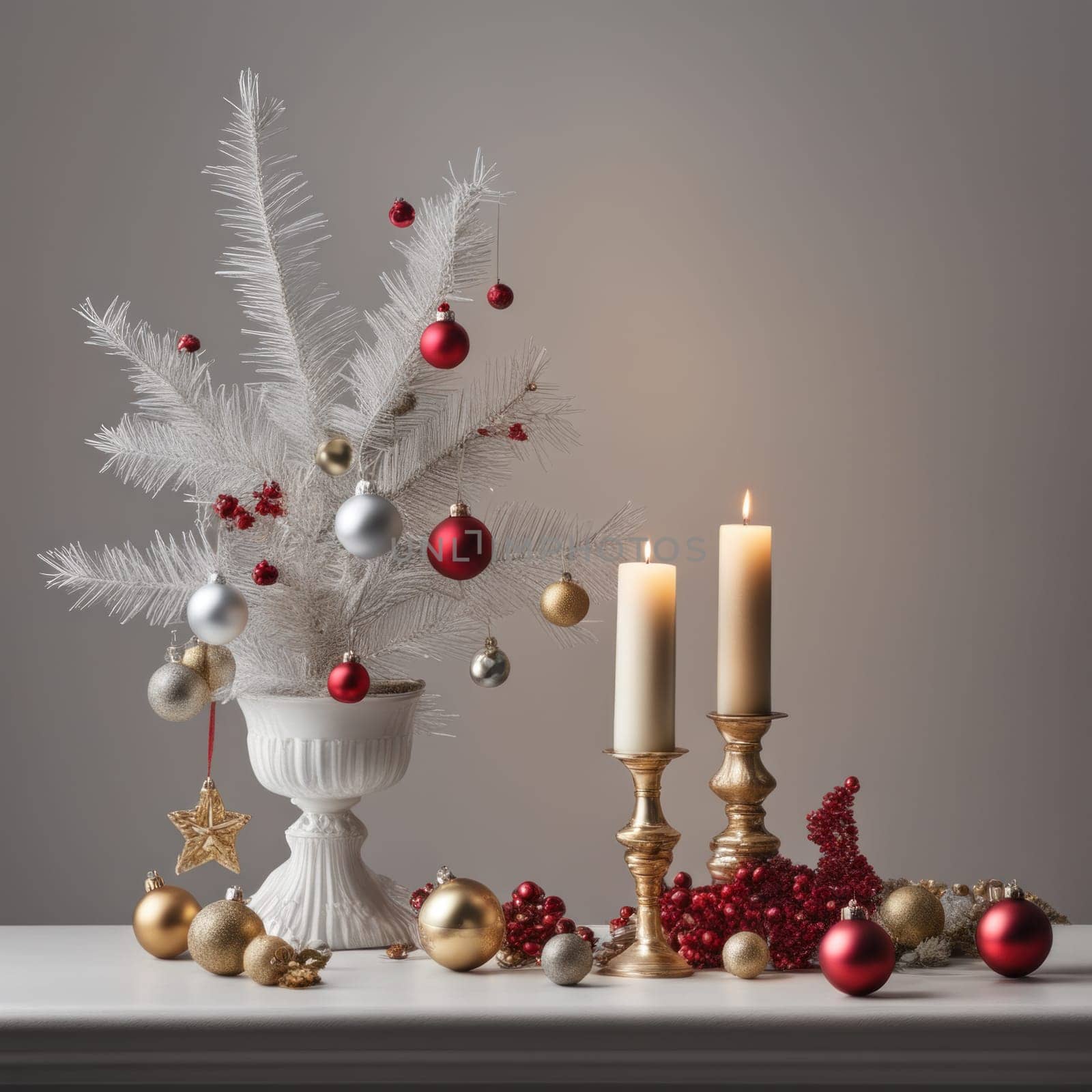 Home is decorated with Christmas ornaments, and gift boxes, as well as a light decoration with candles.