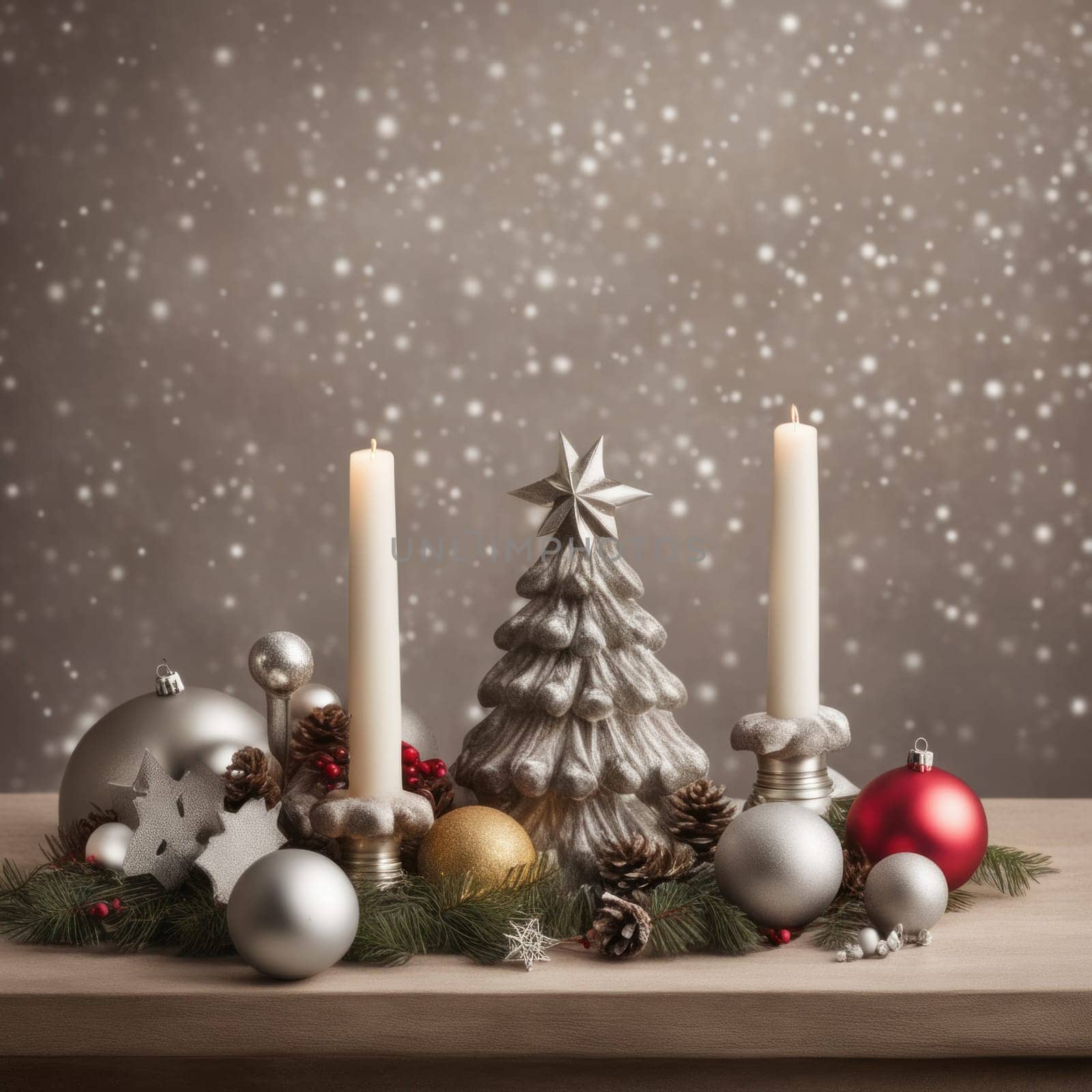 Home is decorated with Christmas ornaments, and gift boxes, as well as a light decoration with candles.