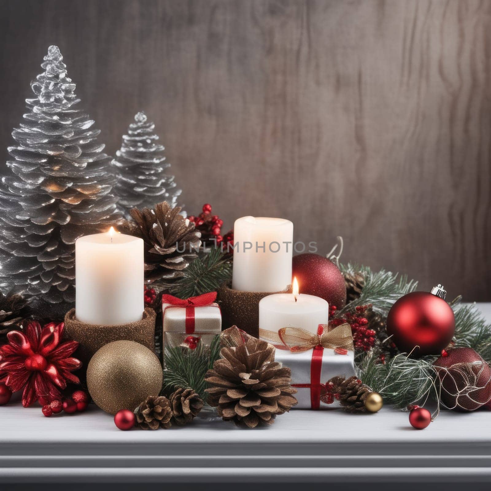 Home is decorated with Christmas ornaments, and gift boxes, as well as a light decoration with candles.