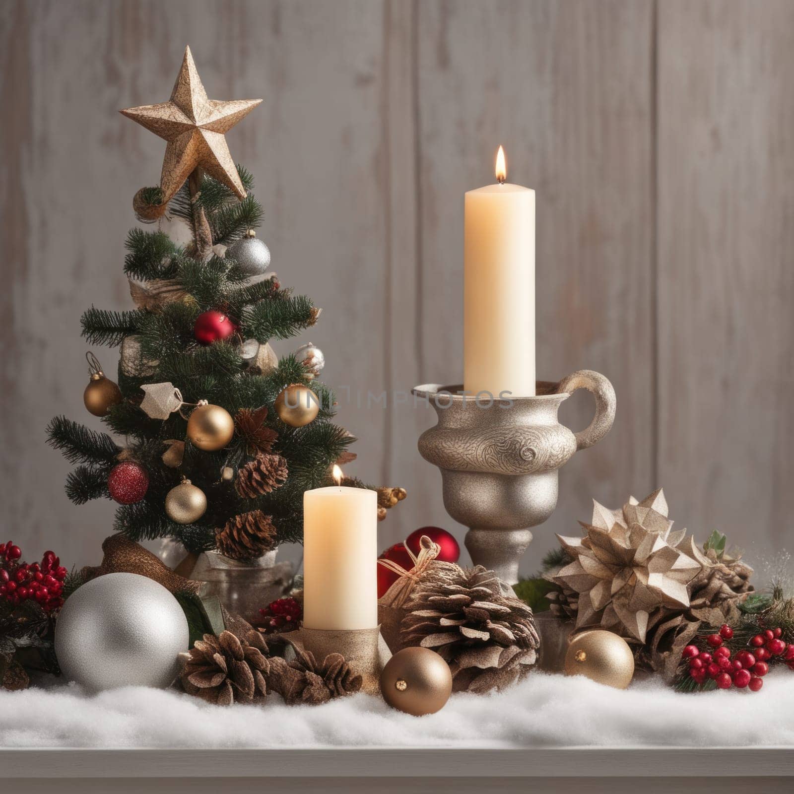 Home is decorated with Christmas ornaments, and gift boxes, as well as a light decoration with candles.