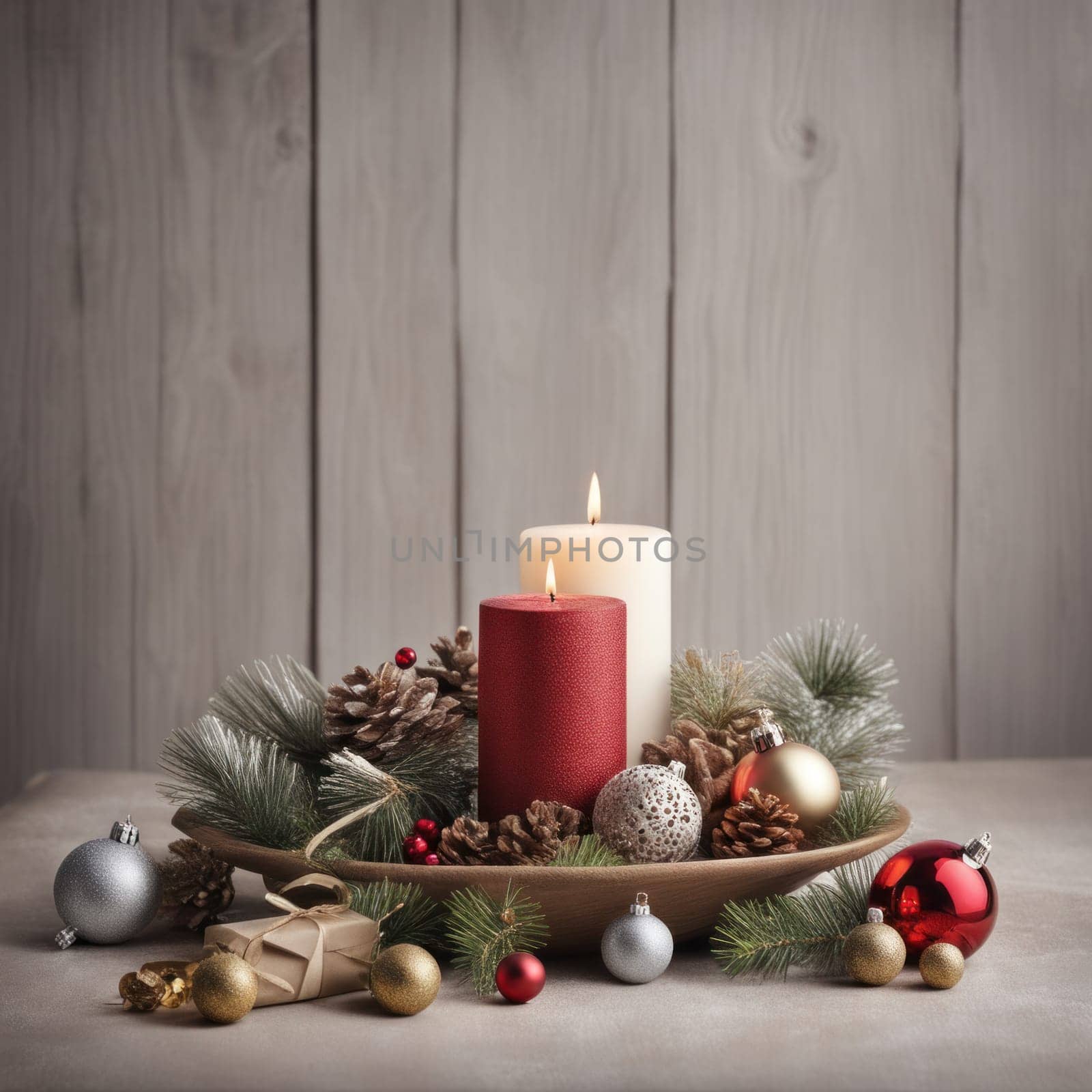 Home is decorated with Christmas ornaments, and gift boxes, as well as a light decoration with candles.