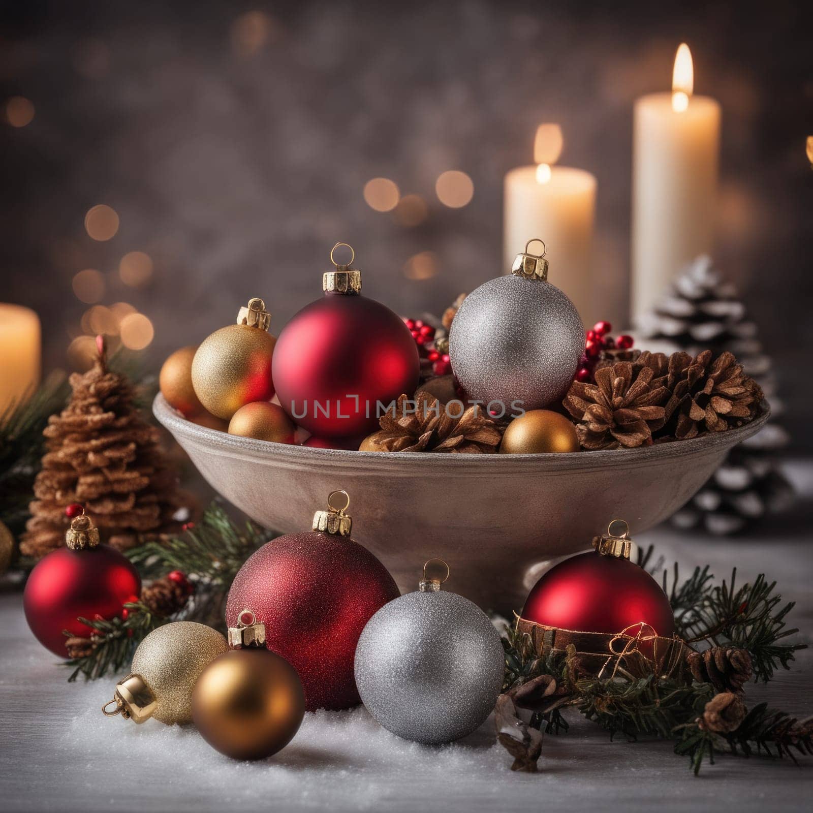 Home is decorated with Christmas ornaments, and gift boxes, as well as a light decoration with candles.