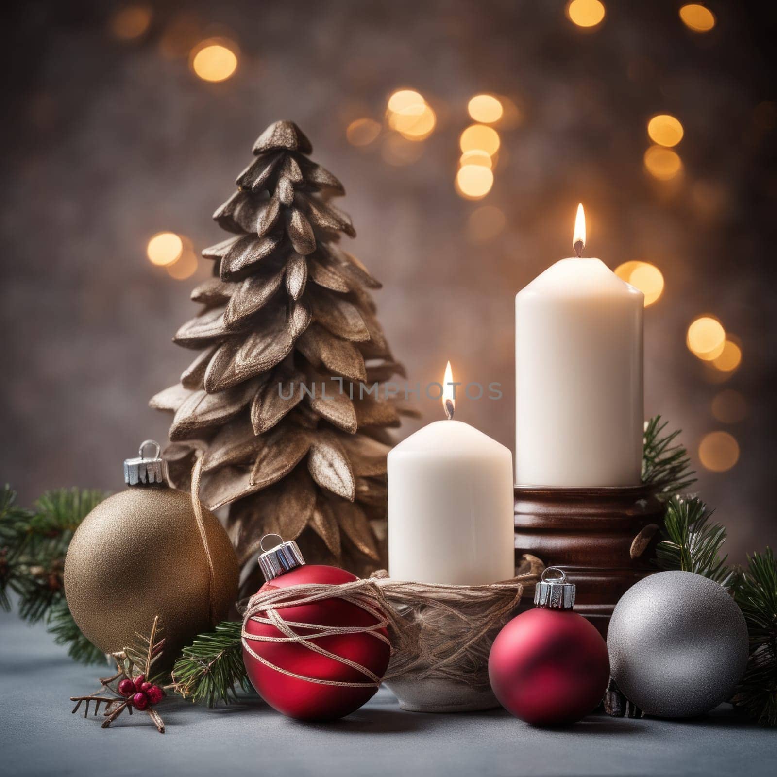 Home is decorated with Christmas ornaments, and gift boxes, as well as a light decoration with candles.