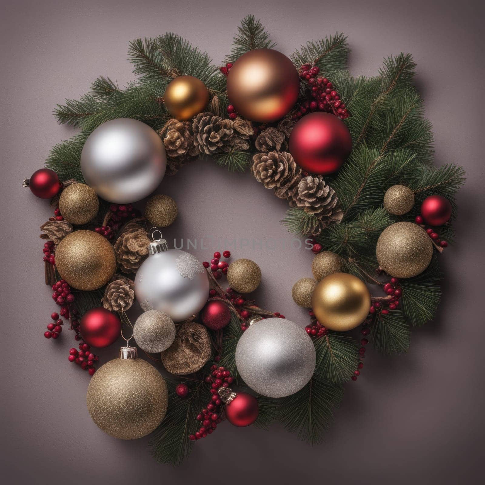 Close-UP of Christmas Tree, Gold and Silver Ornaments against a Defocused Lights Background