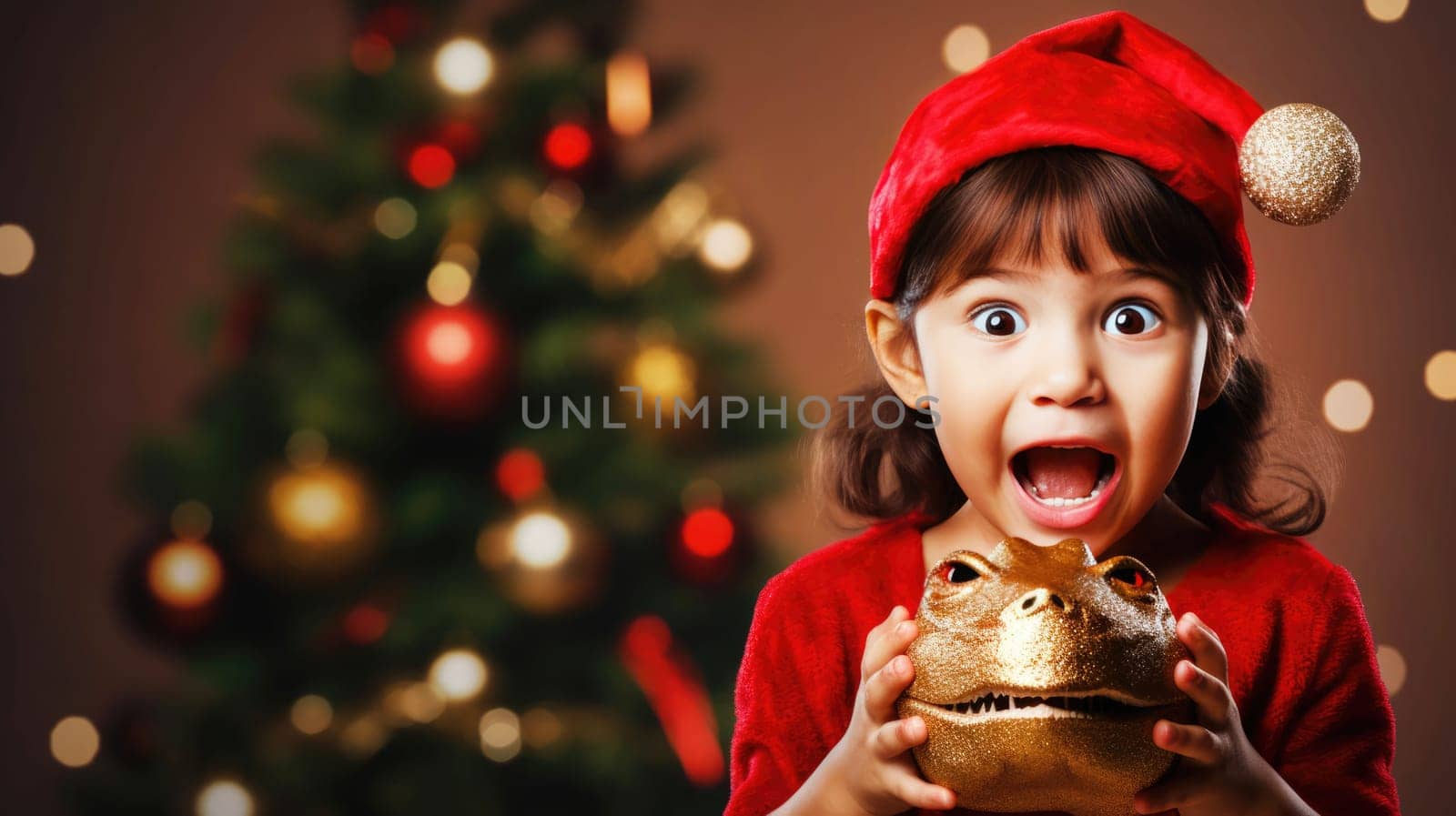 Surprised little girl in Santa Claus hat holding gift box. Christmas holidays. Boxing Day shopping. Holiday shopping.