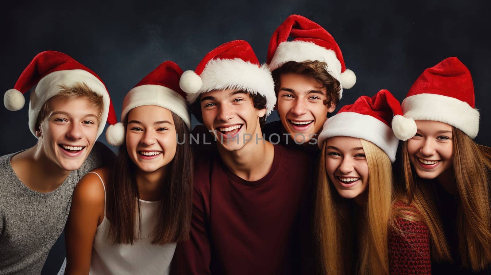 Happy teenagers wearing Santa Claus hat celebrating Christmas night together. Group of young people having new year party outside. Winter holidays concept by JuliaDorian