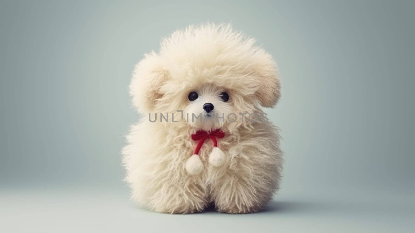 Cute fluffy vintage toy with a red bow on white background. Christmas gift for kids.