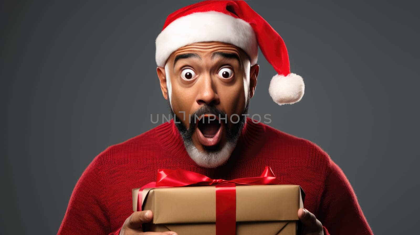 Surprised man in Santa Claus hat holding gift box. Christmas holidays. Boxing Day shopping. Holiday shopping.