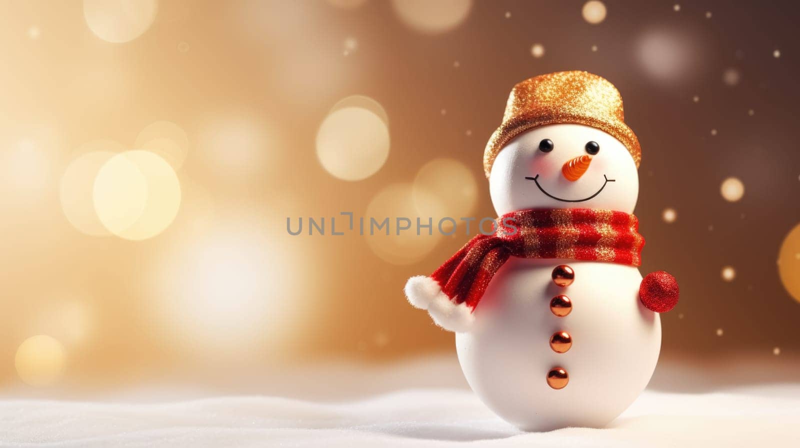 Cute toy snowman on the background with Christmas lights bokeh on background.