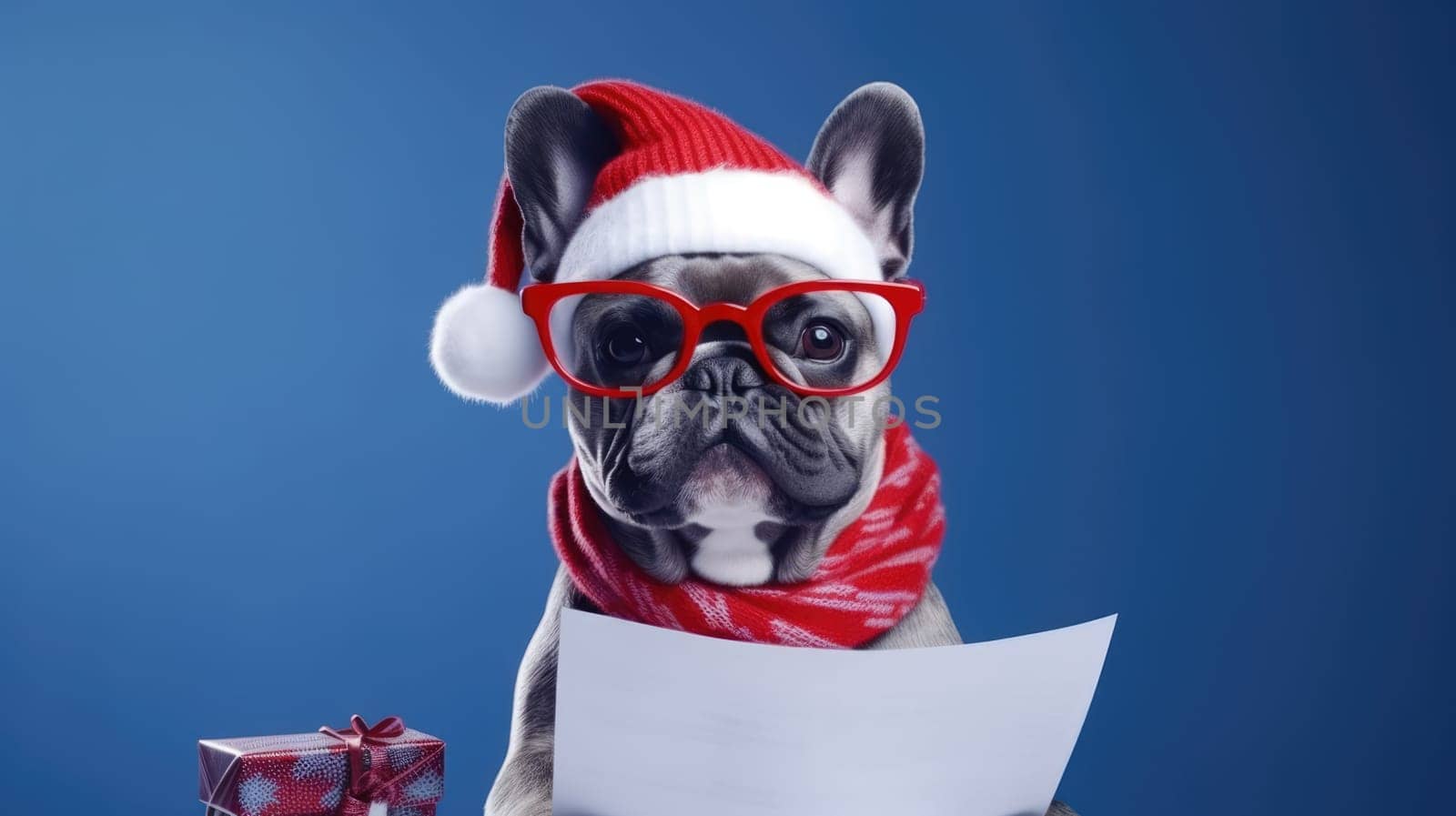 Cute puppy mops celebrating Christmas holidays wearing red Santa hat