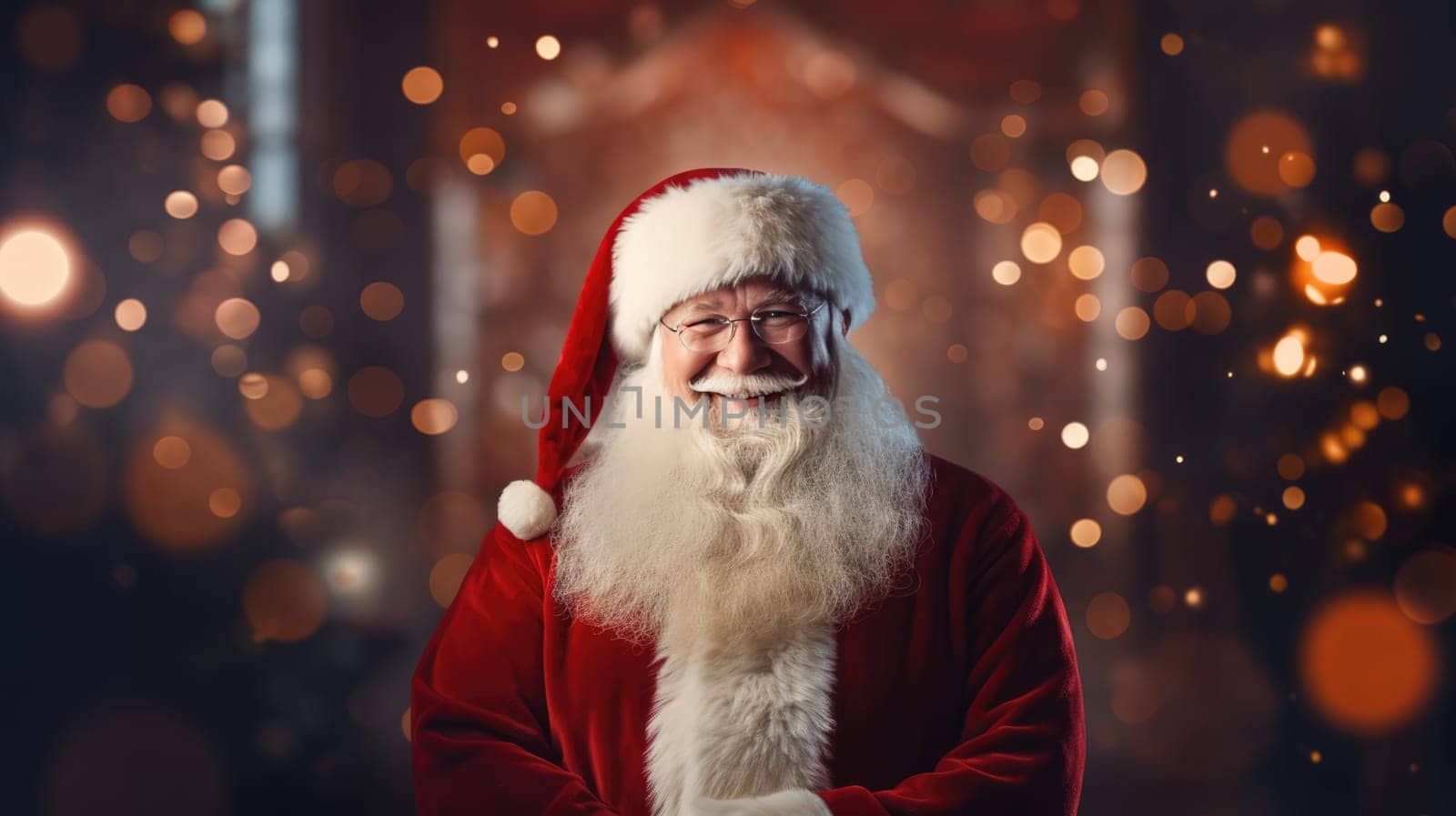 Santa Claus standing in Christmas decorated room, looking at camera and smiling. Christmas spirit concept close up portrait.