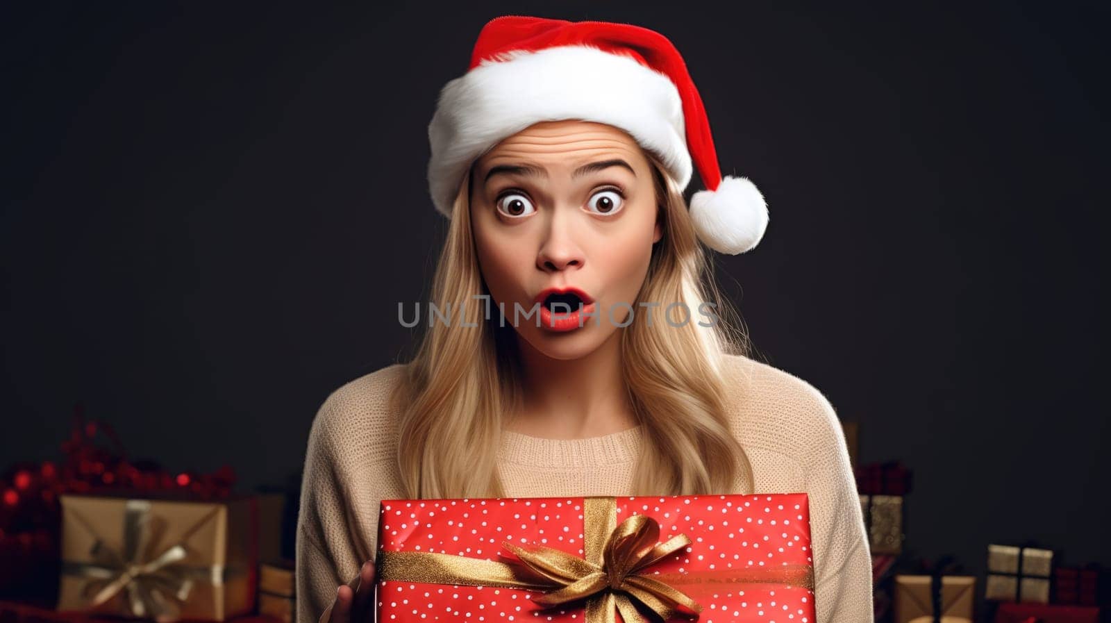 Surprised girl in Santa Claus hat holding gift box. Christmas holidays. Boxing Day shopping. Holiday shopping.