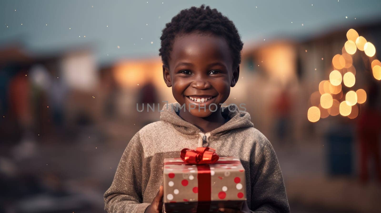 African kid with big giftbox is looking to the camera dusty street on background. Christmas support. Give and share kindness
