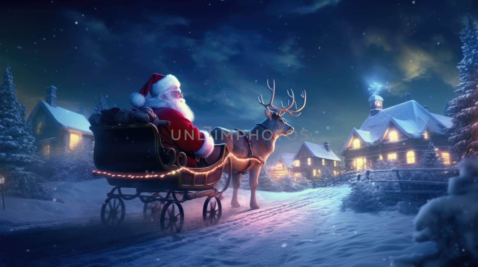Santa Claus rides in a reindeer sleigh in a winter forest. Christmas holidays