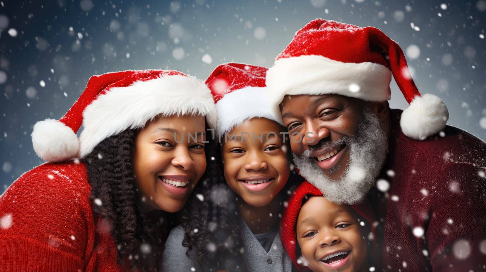 Happy African American family smiling and wearing Santa hats. Family time Christmas celebration. Grandparents and grandchildren. by JuliaDorian