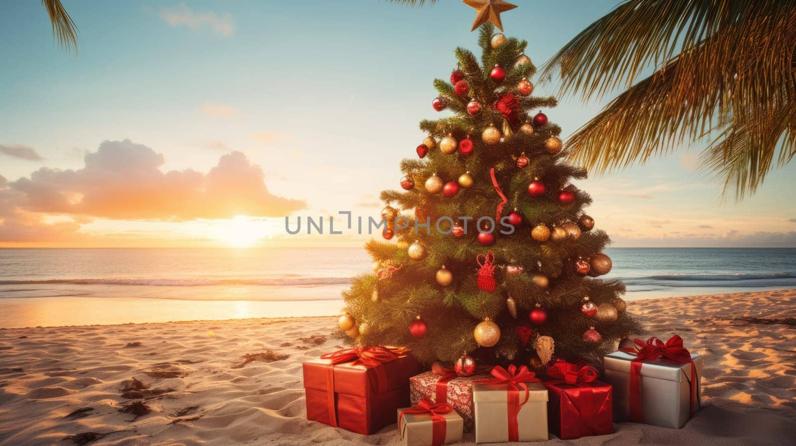 Decorated Christmas tree standing by the sea shore under cloudy skies