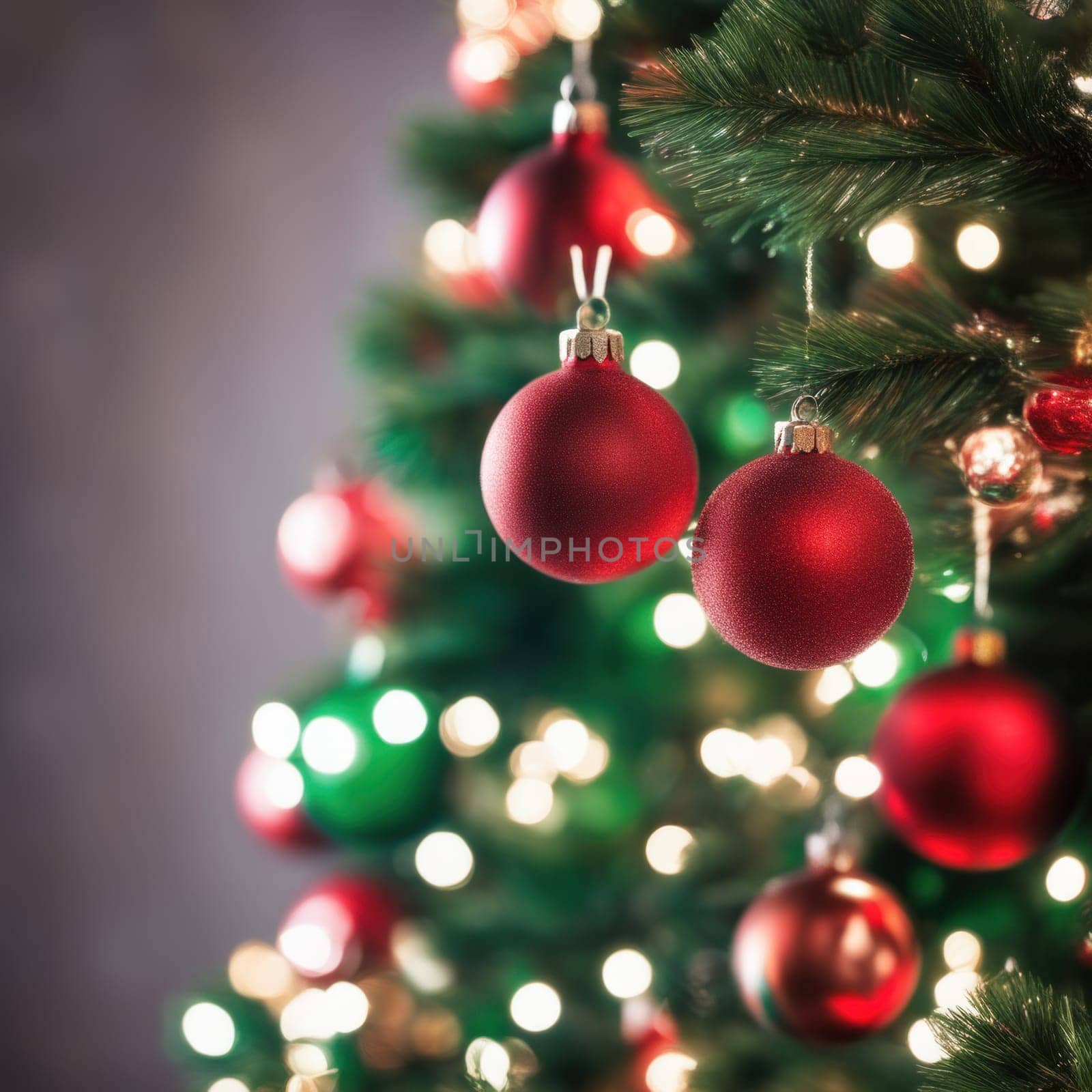 Close-UP of Christmas Tree, Red and Green Ornaments against a Defocused Lights Background