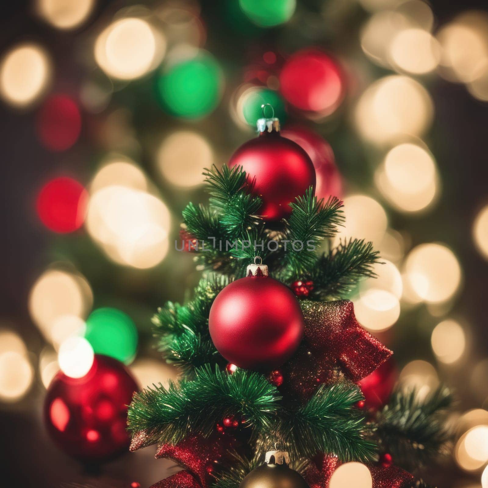 Close-UP of Christmas Tree, Red and Green Ornaments against a Defocused Lights Background