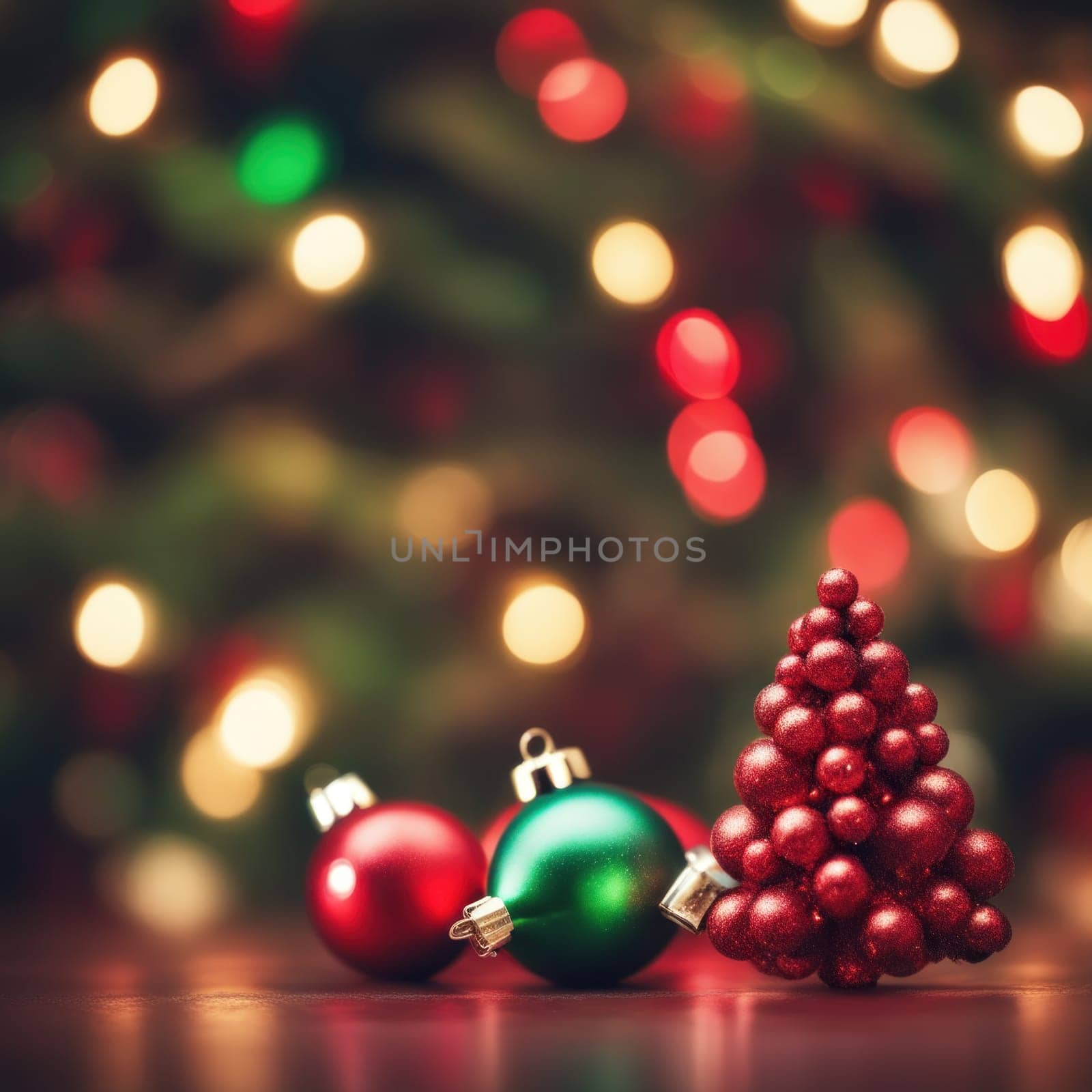 Close-UP of Christmas Tree, Red and Green Ornaments against a Defocused Lights Background