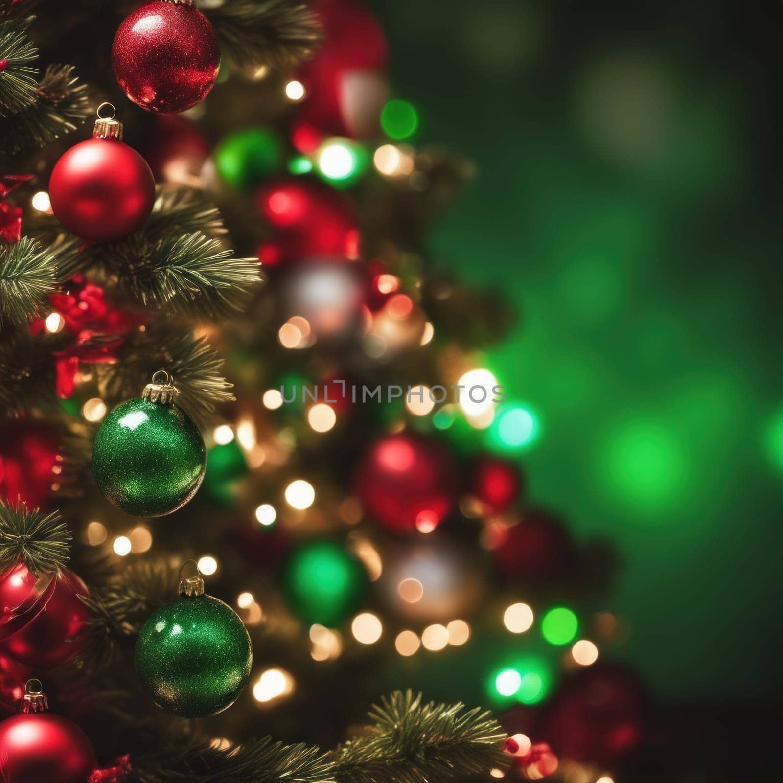 Close-UP of Christmas Tree, Red and Green Ornaments against a Defocused Lights Background