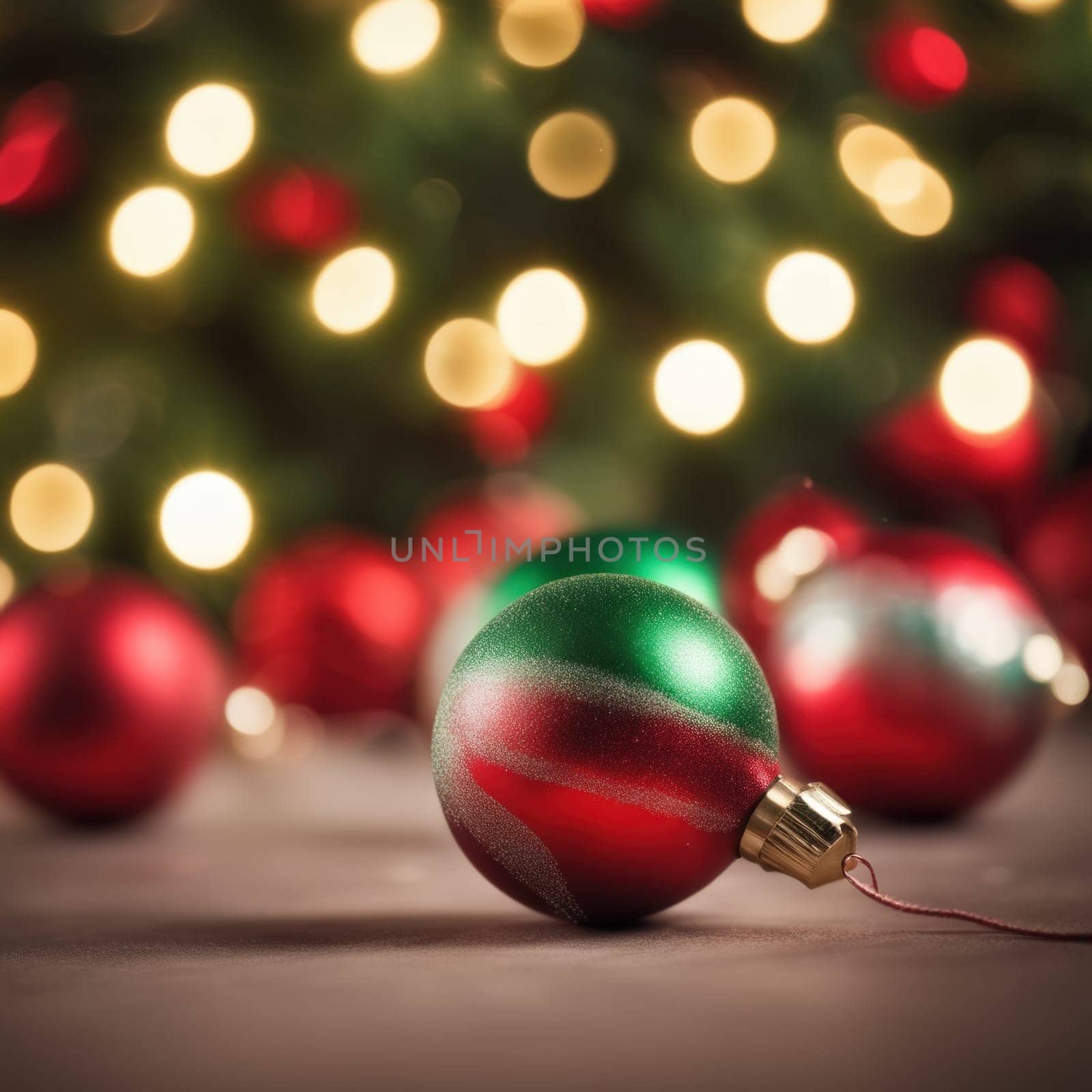 Close-UP of Christmas Tree, Red and Green Ornaments against a Defocused Lights Background