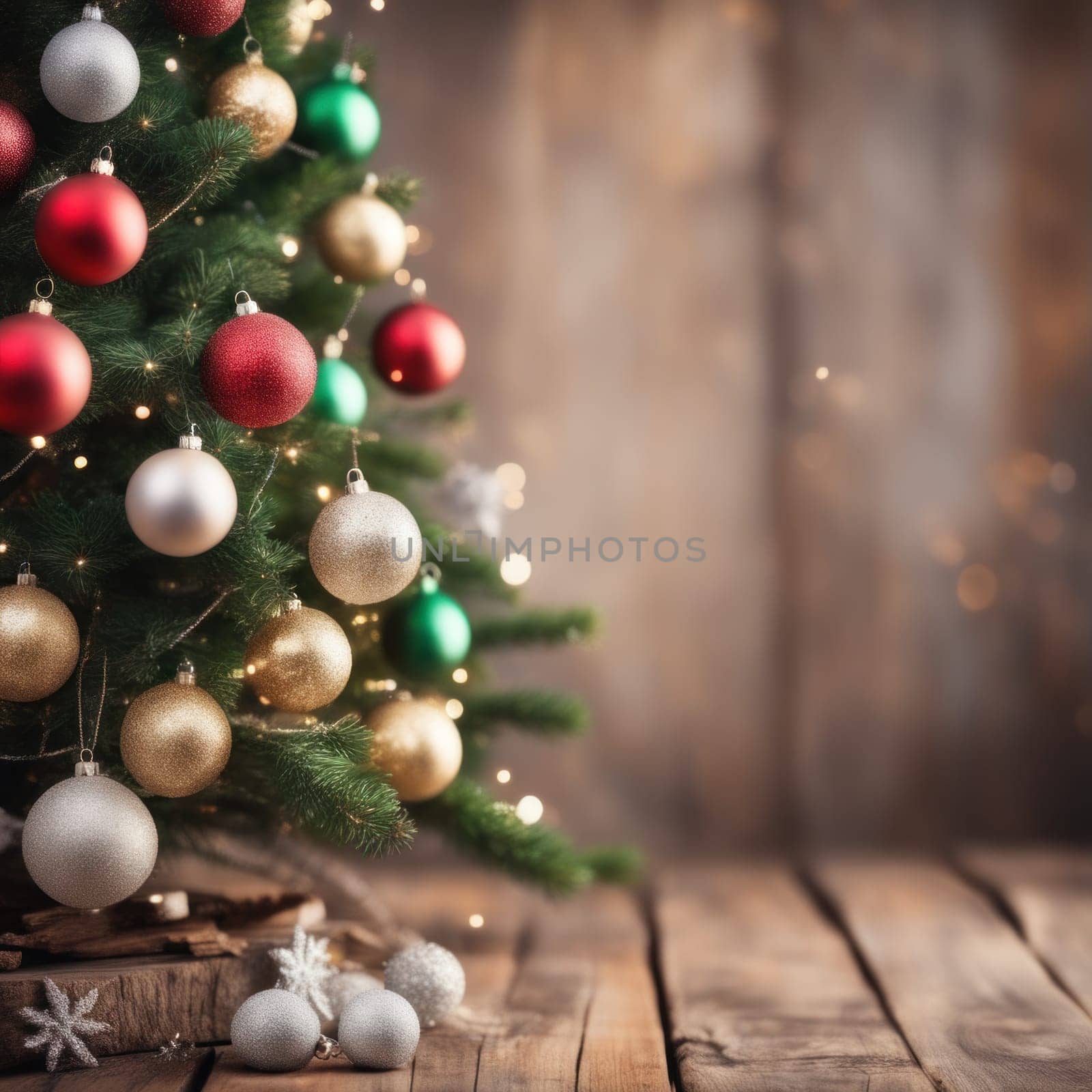 Close-UP of Christmas Tree multicolor Ornaments against a Defocused Lights Background by shaadjutt36