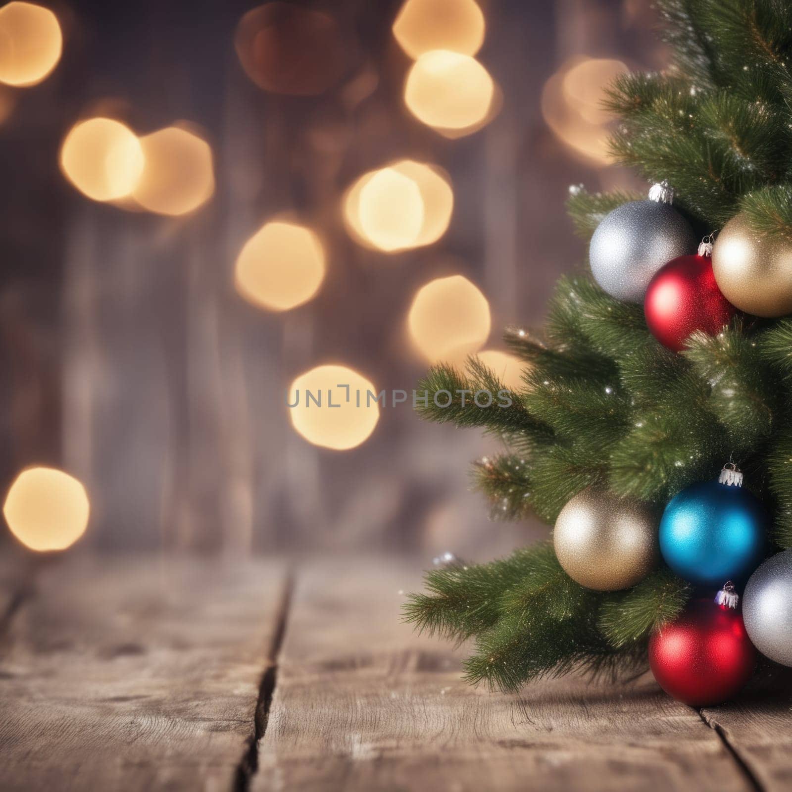 Close-UP of Christmas Tree multicolor Ornaments against a Defocused Lights Background